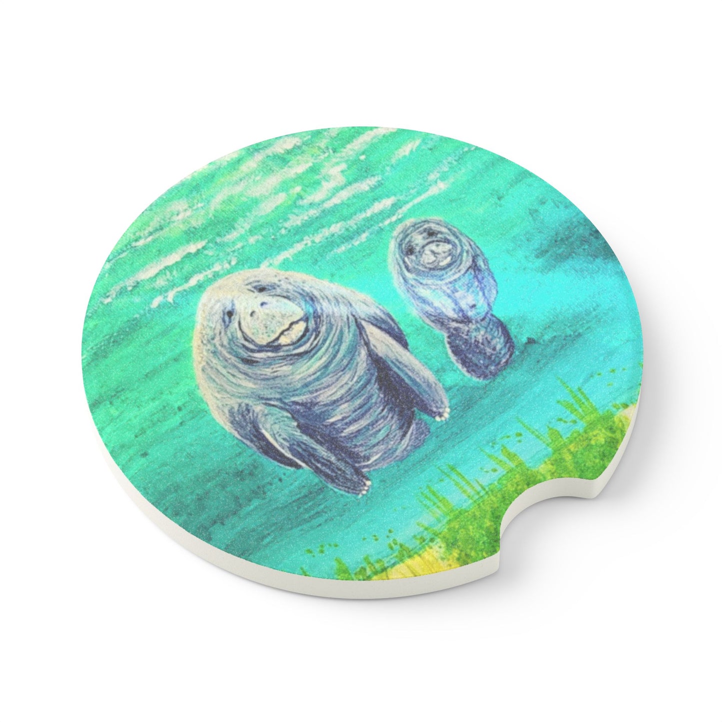 Manatee Car Coaster - Soapstone Travel Cup Holder Insert with Cute Marine Mom & Calf Design