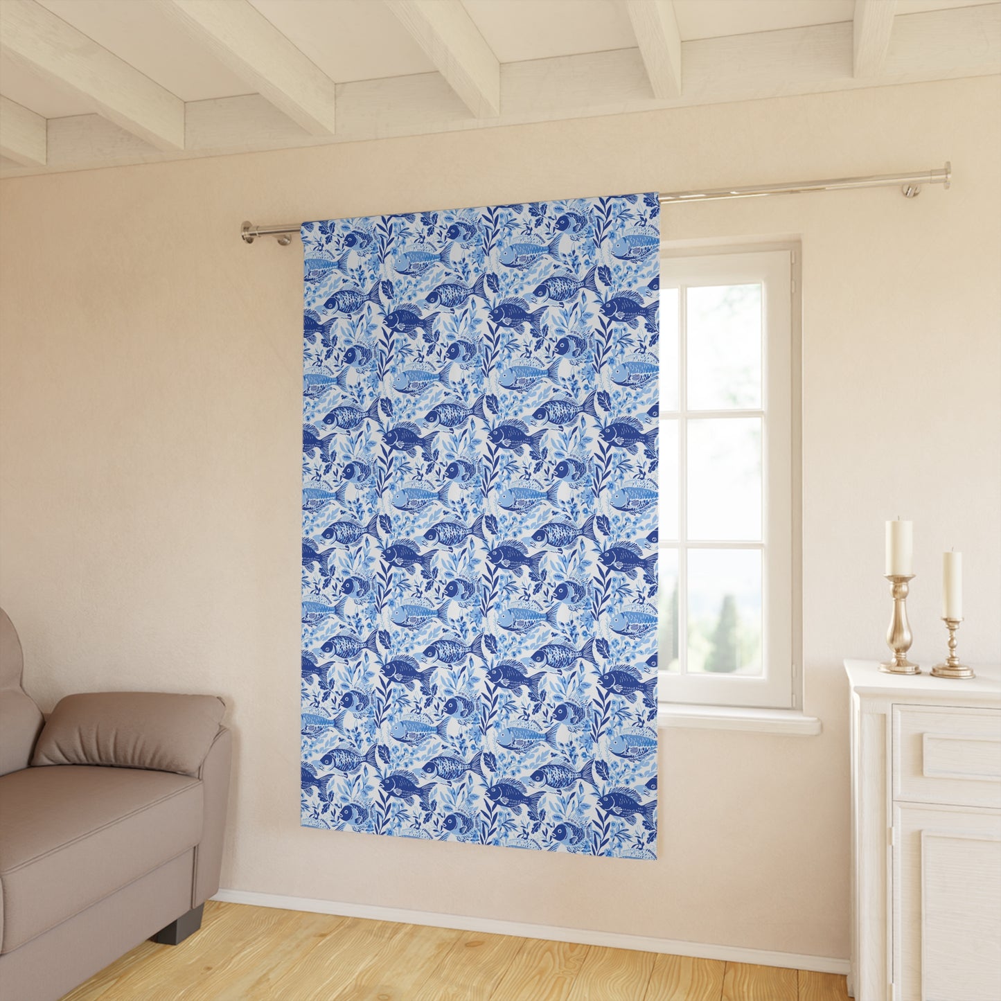 Blue Fish Pattern Curtain Panel — Nautical Botanical Window Curtain