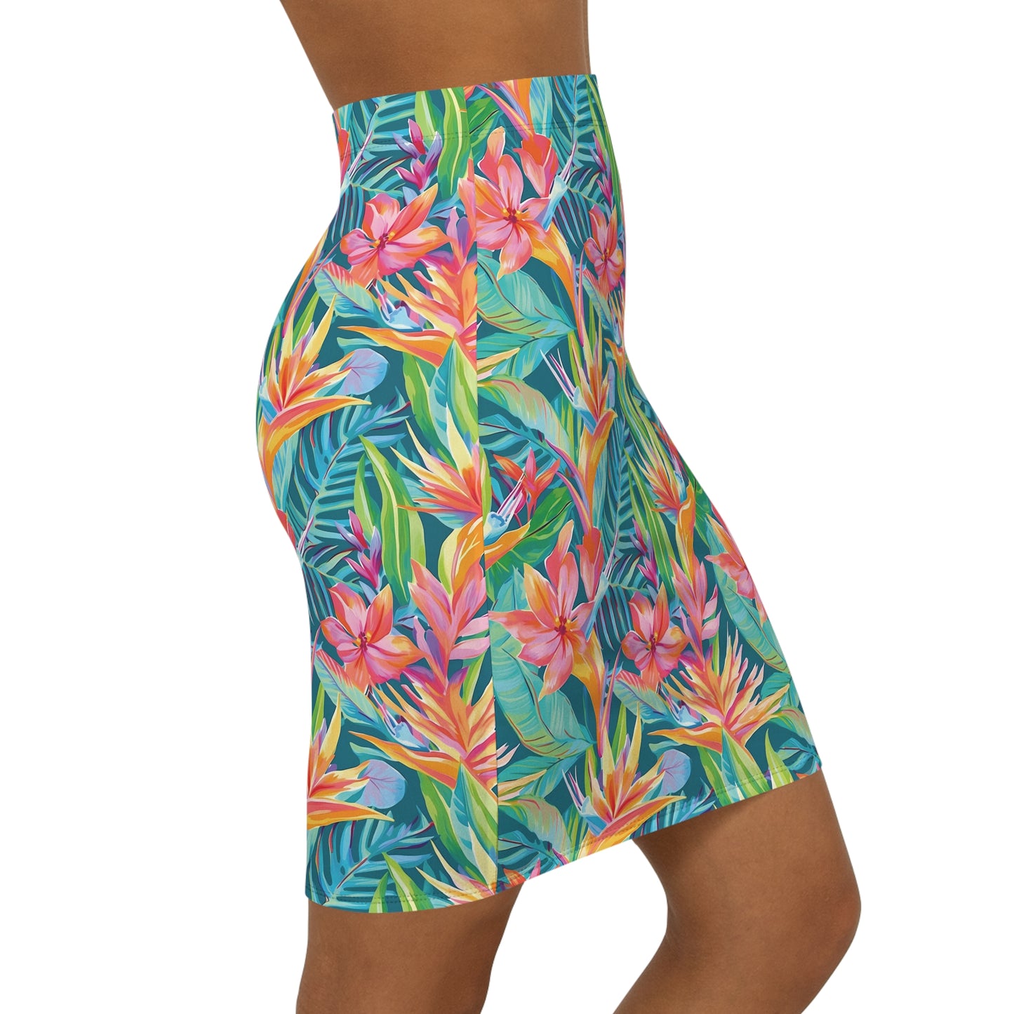 Women’s Tropical Floral Mid-Waist Pencil Skirt, Summer Outfit, Beachwear, Floral Skirt, Vacation Style, Botanical Print Skirt
