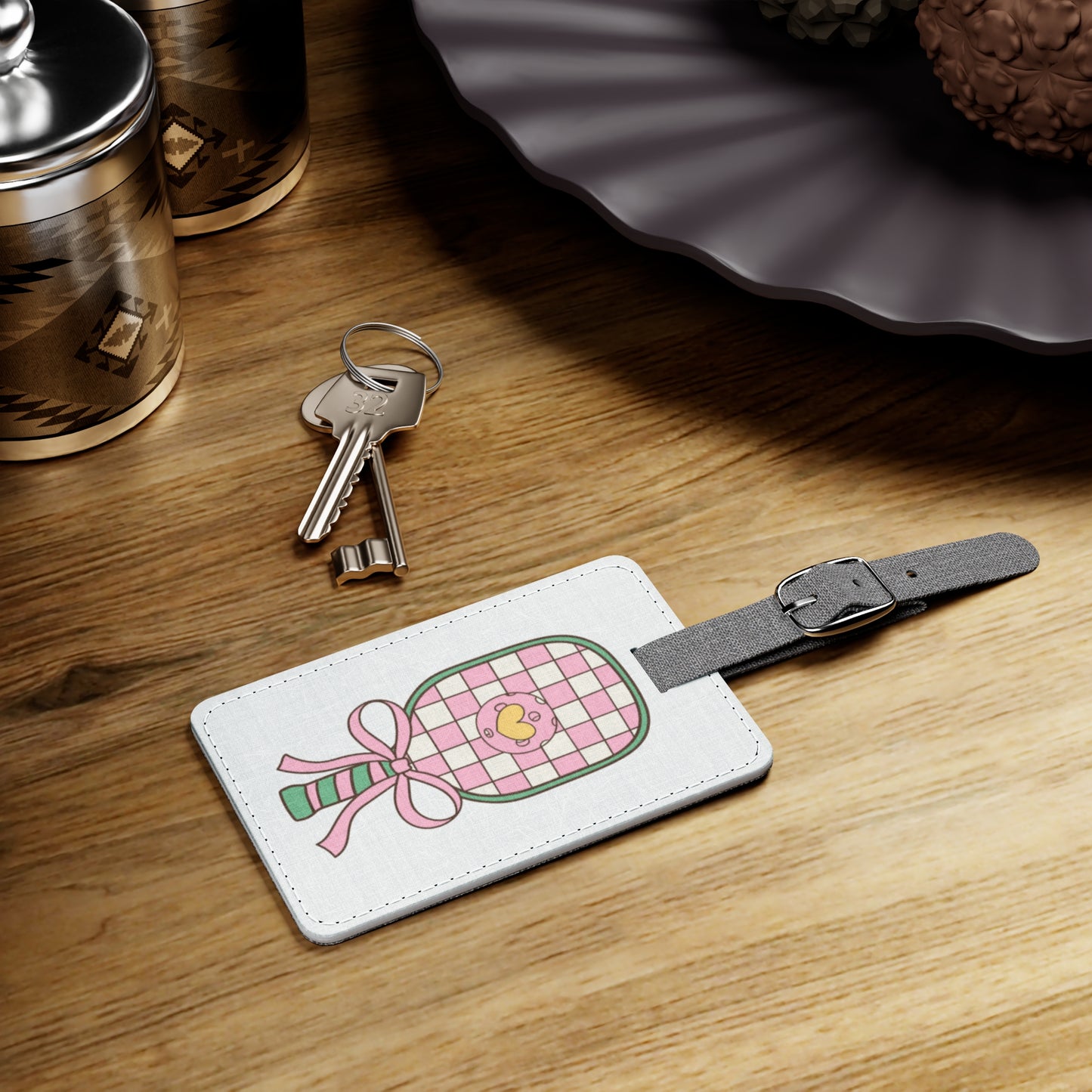 Cute Pink Pickleball Checkered Luggage Tag — Heart Dink Design Travel ID