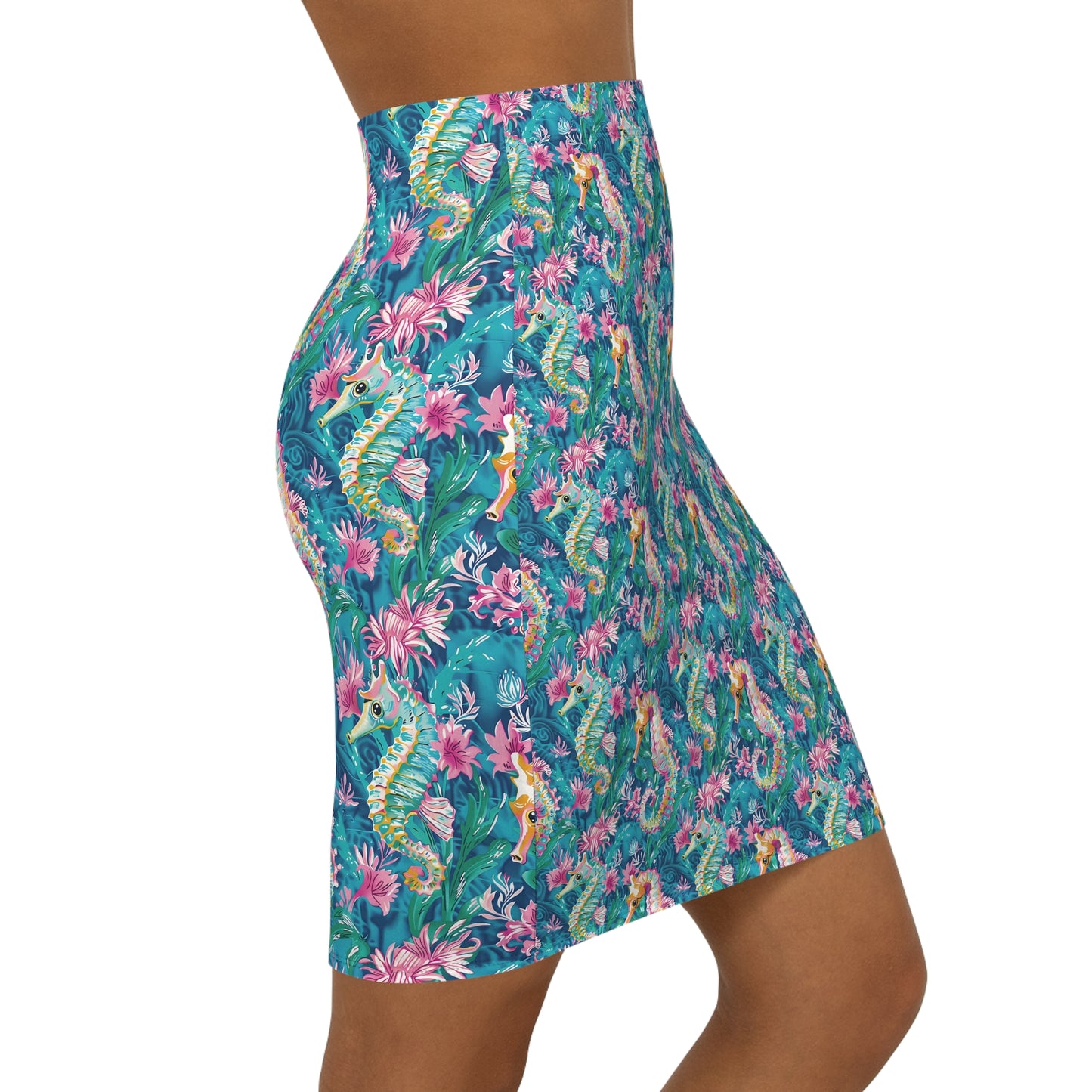 Seahorse Floral Pencil Skirt — Tropical Ocean Print Mid-Waist Skirt