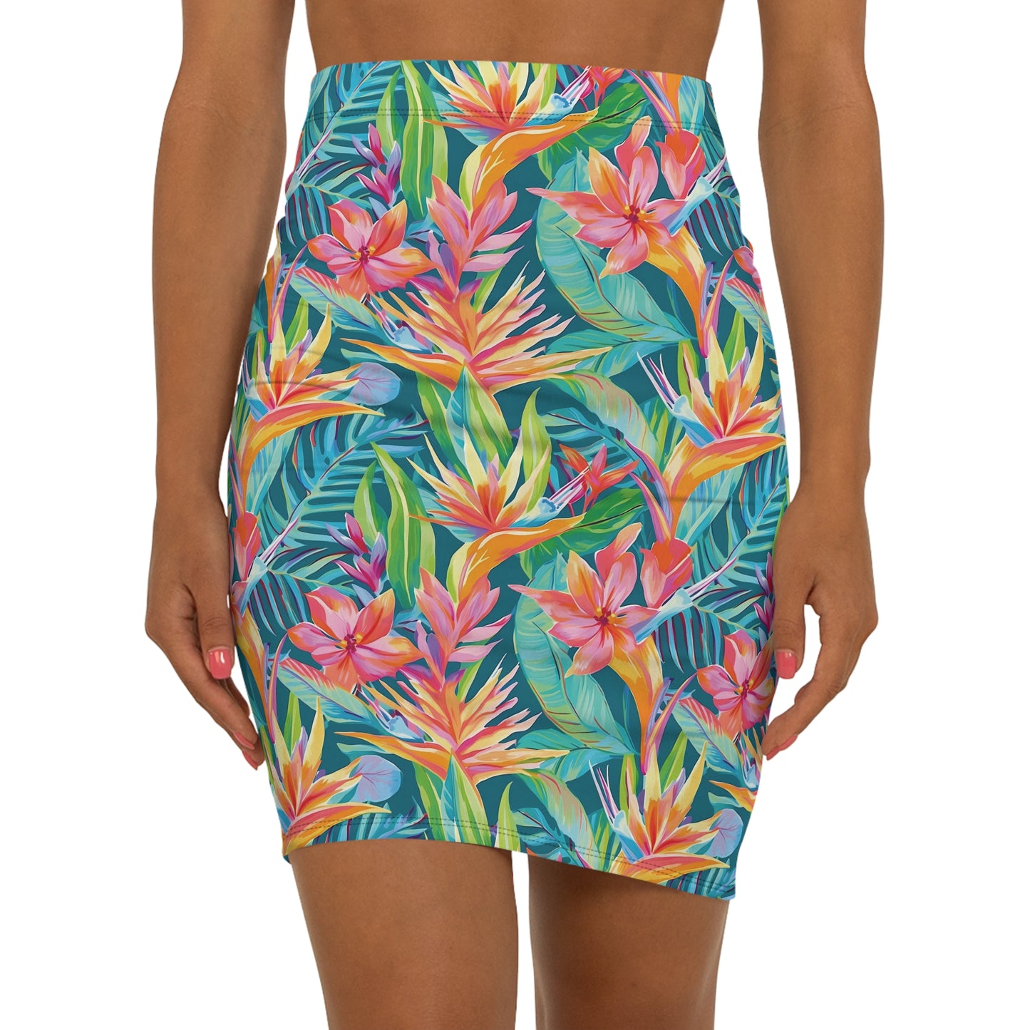 Women’s Tropical Floral Mid-Waist Pencil Skirt, Summer Outfit, Beachwear, Floral Skirt, Vacation Style, Botanical Print Skirt