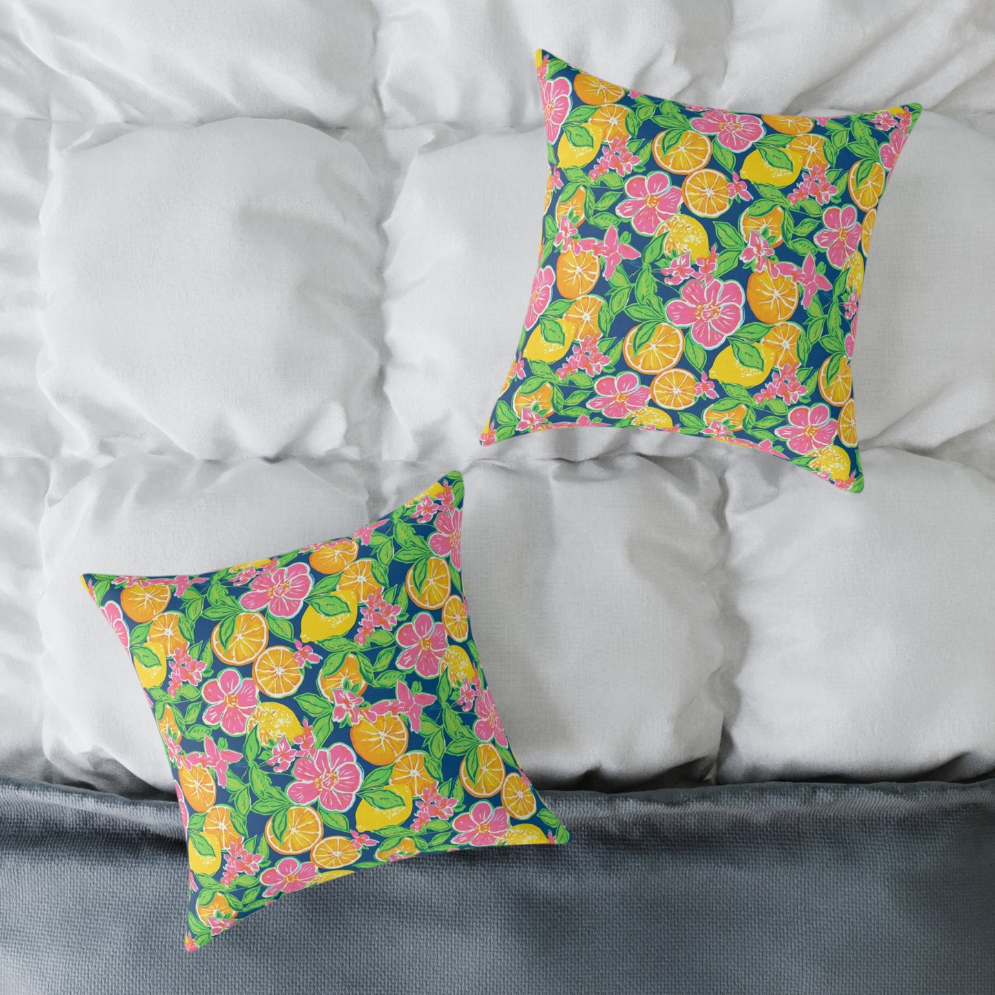 Citrus Blossom Square Pillow — Bright Tropical Floral Throw Cushion