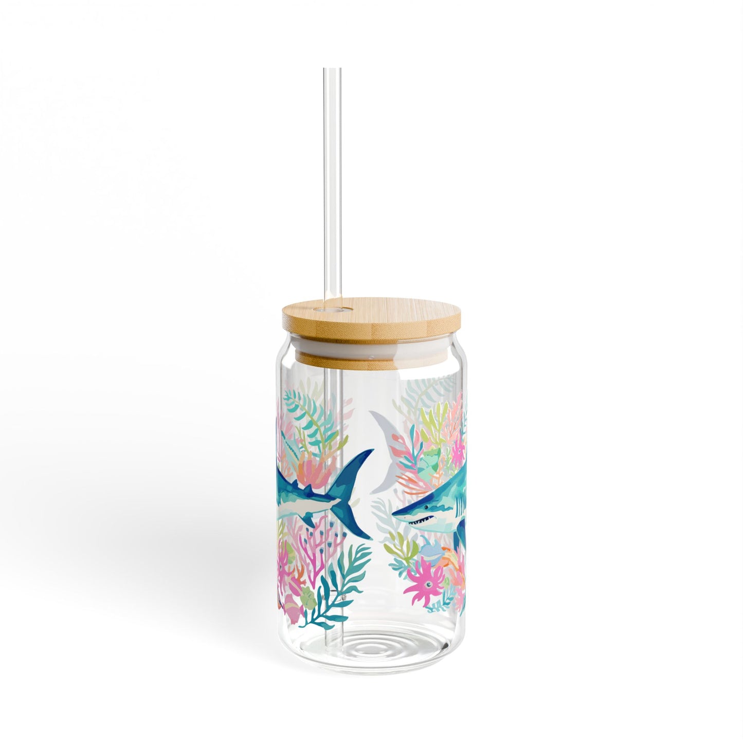 Eco-Friendly Summer Drinkware, Tropical Sipper Glass, 16oz | Shark Design, Party Accessory, Gift for Sea Life Ocean Lovers