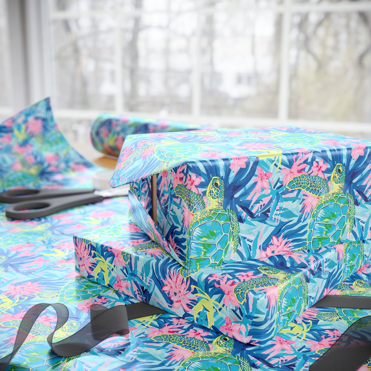Tropical Floral and Sea Turtle Wrapping Paper, Vibrant Gift Wrap, Eco-Friendly Wrapping, Birthday, Holiday, Party Decor