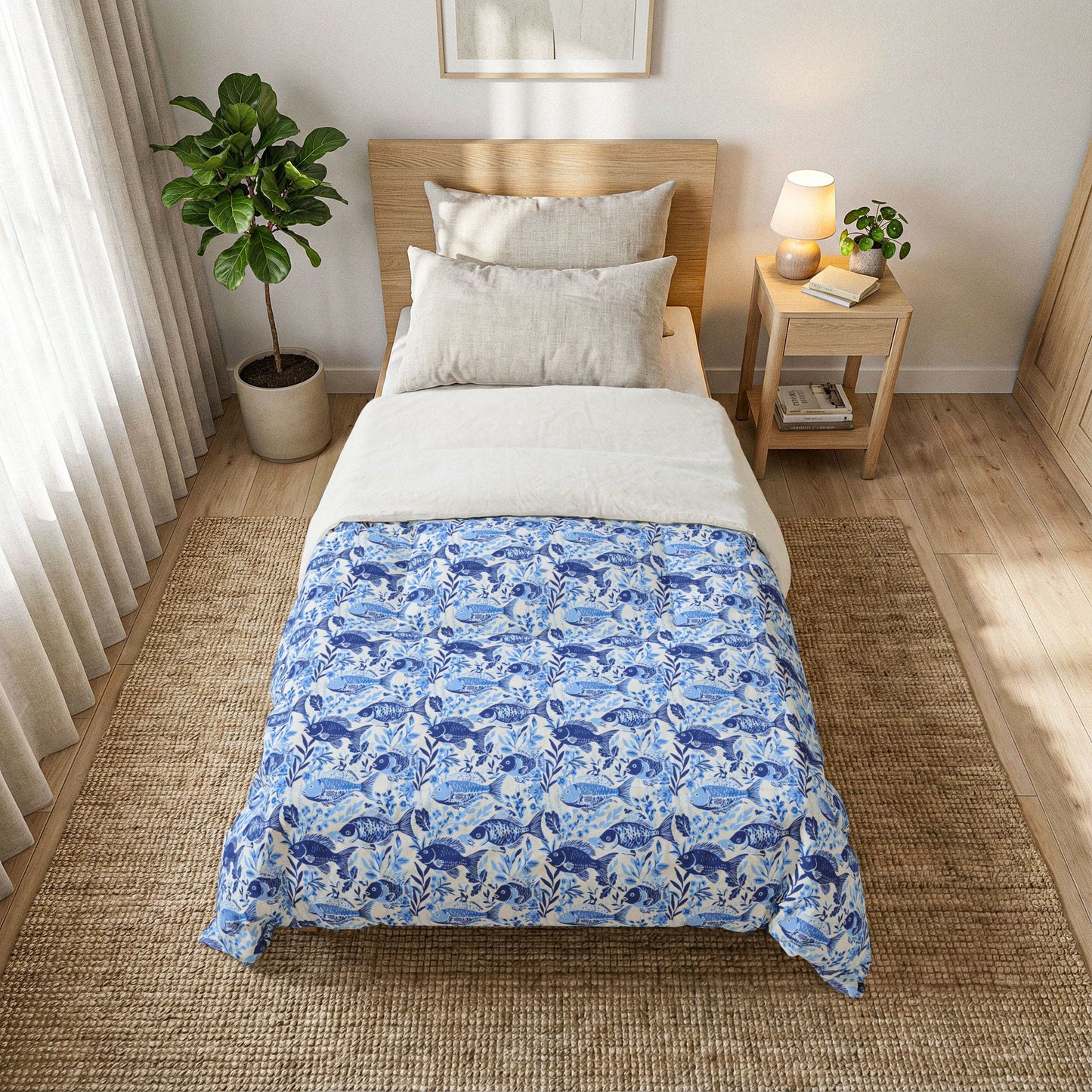 Blue Watercolor Fish Comforter — Lightweight Cotton Bedspread with Chinoiserie Style Floral Pattern