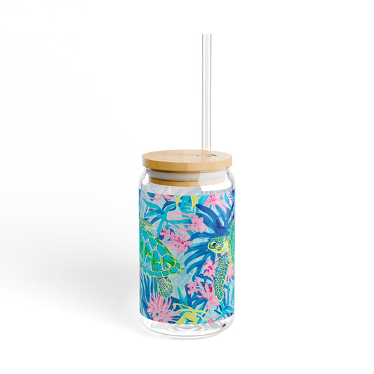 Eco-Friendly Summer Drinkware, Tropical Sipper Glass, 16oz | Sea Turtle Design, Party Accessory, Gift for Ocean Lovers