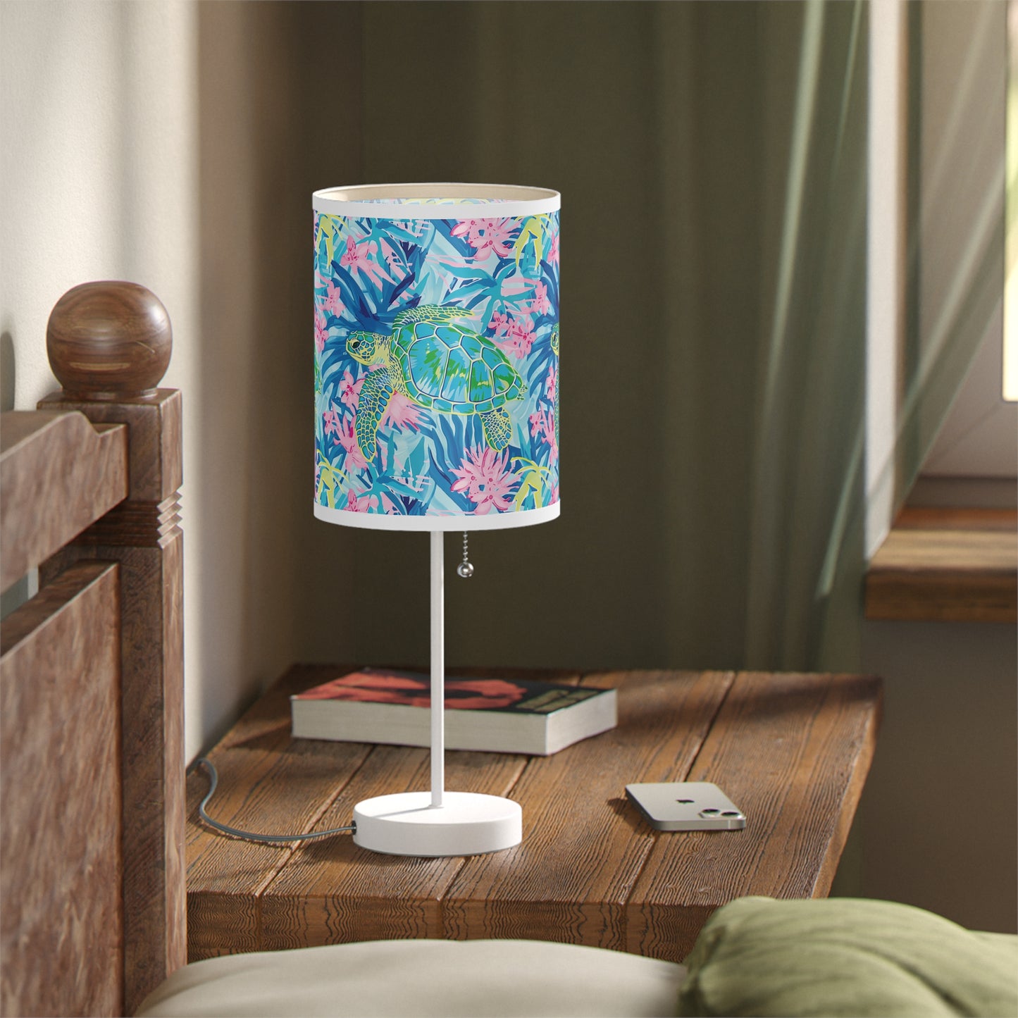 Colorful Tropical Sea Turtle Table Lamp, Coastal Home Decor, Nightstand Light, Floral Accent, Vibrant Interior Design, Gift for Her