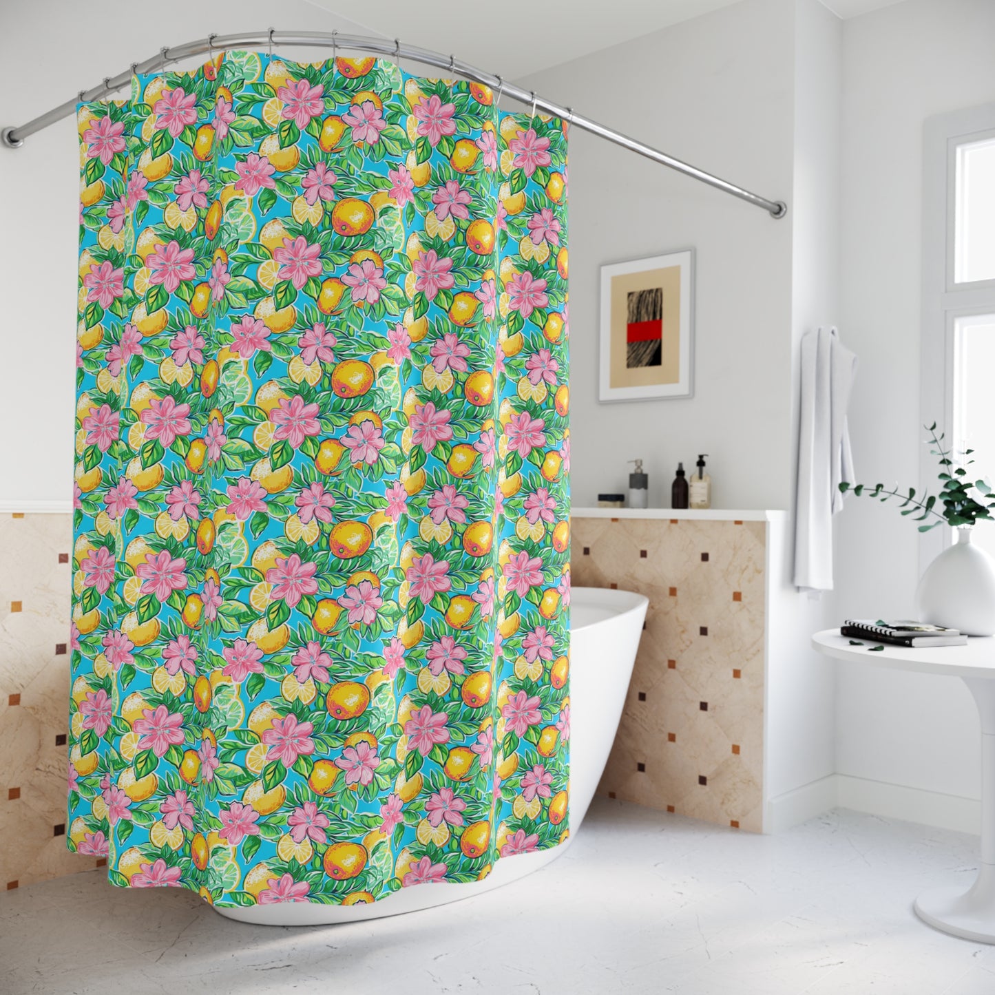 Citrus Blossom Shower Curtain — Tropical Lemon & Pink Flower Bathroom Decor