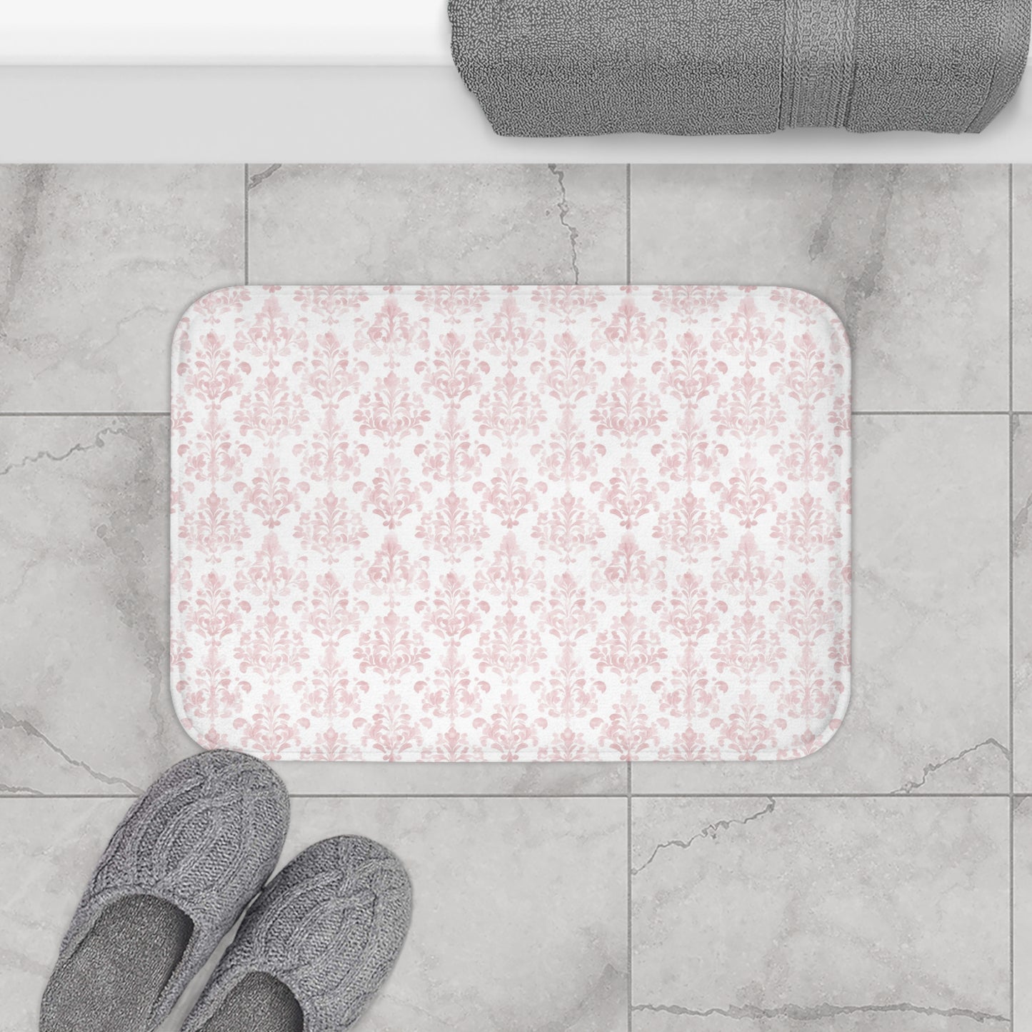 Blush Damask Bath Mat — Soft Pink Vintage Floral Bathroom Rug