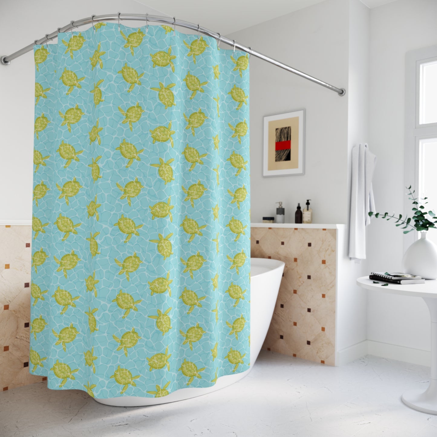 Sea Turtle Shower Curtain – Aqua Pool Pattern Beach Bathroom Decor