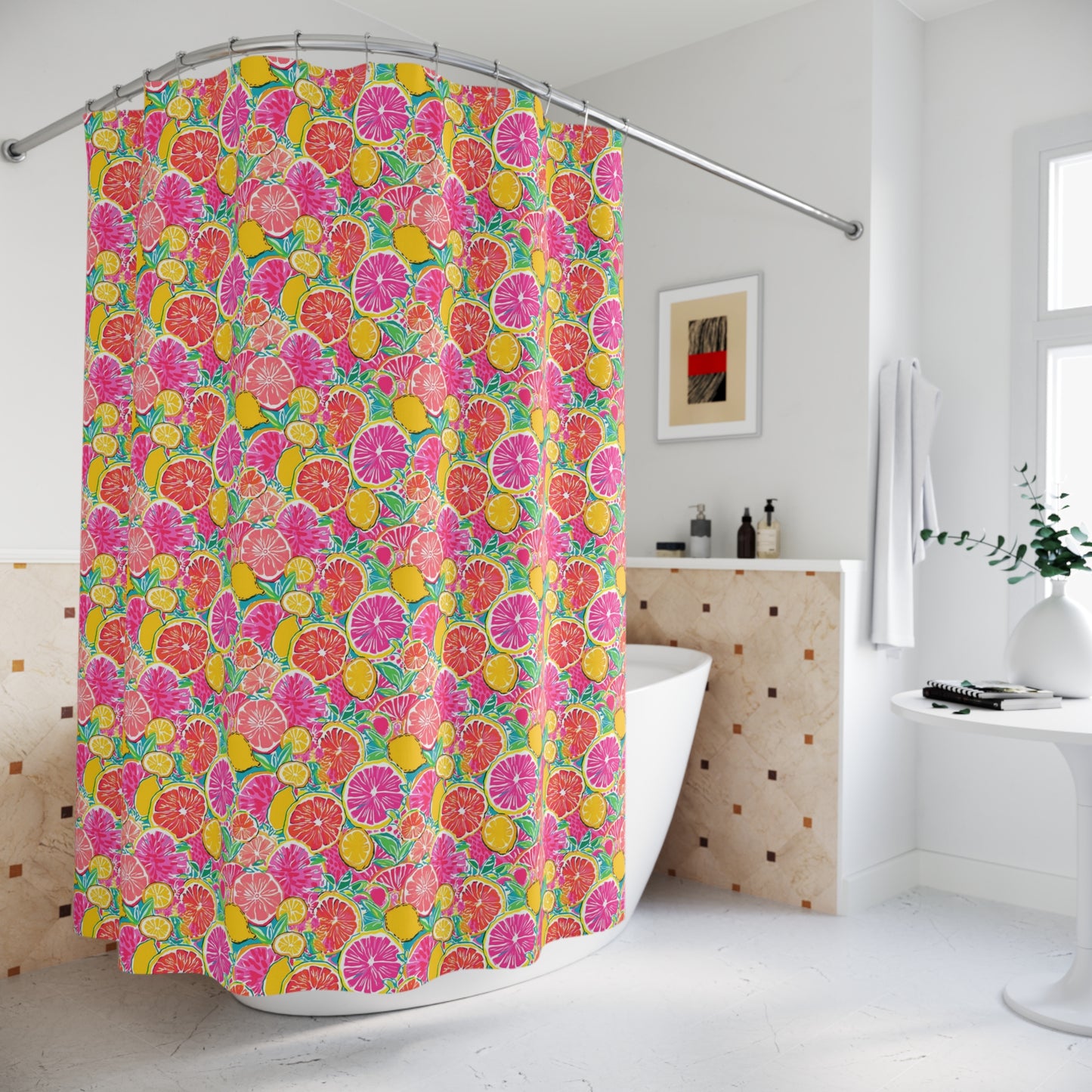 Citrus Splash Shower Curtain — Bright Pink & Yellow Fruit Bathroom Decor