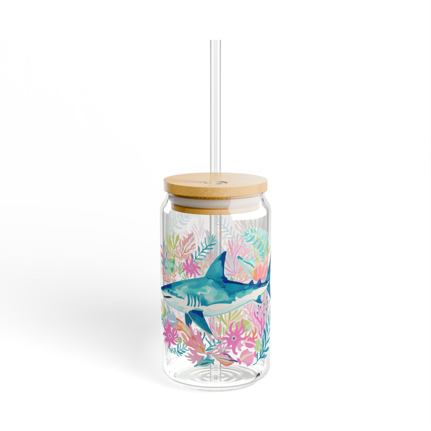 Eco-Friendly Summer Drinkware, Tropical Sipper Glass, 16oz | Shark Design, Party Accessory, Gift for Sea Life Ocean Lovers