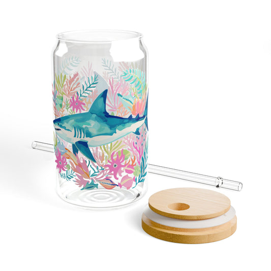 Eco-Friendly Summer Drinkware, Tropical Sipper Glass, 16oz | Shark Design, Party Accessory, Gift for Sea Life Ocean Lovers