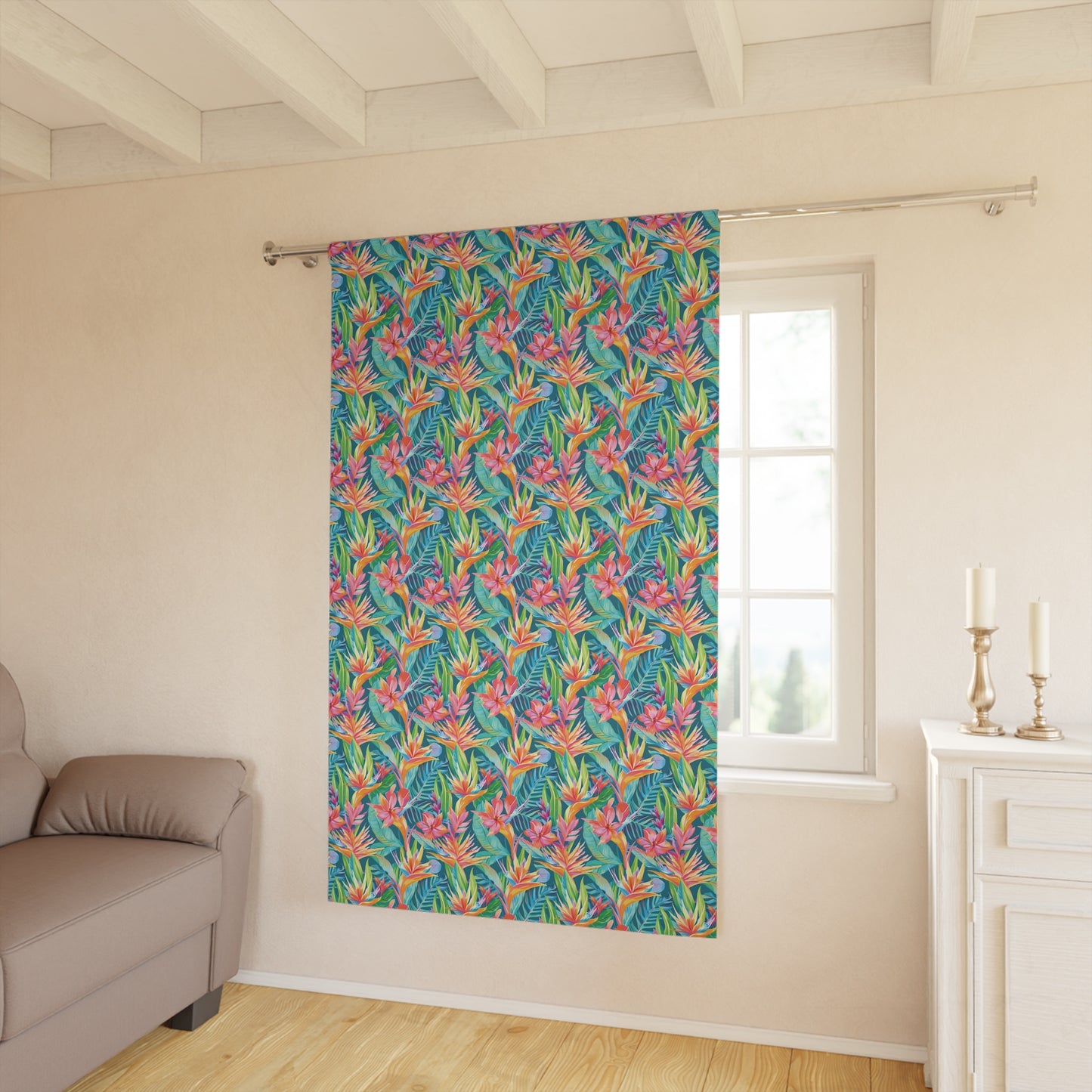 Teal Tropical Floral Curtain — Vibrant Bird of Paradise Window Panel