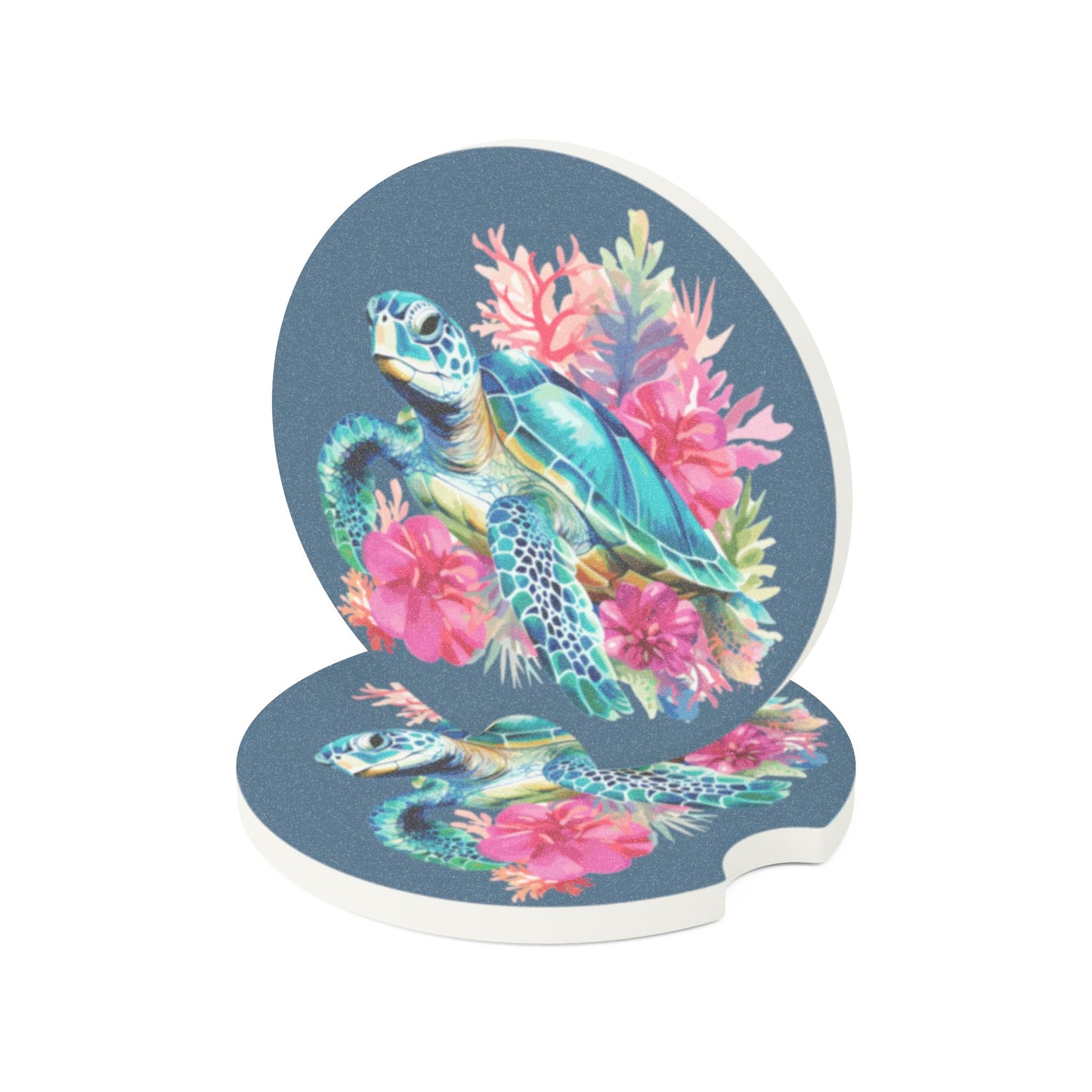 Sea Turtle Car Coaster — Coastal Floral Soapstone Cup Holder Insert