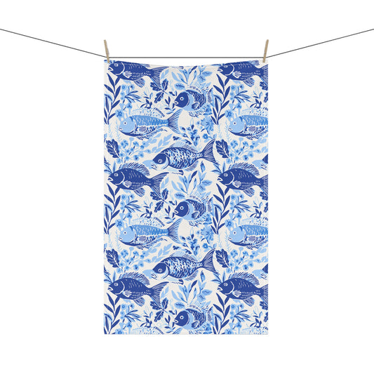 Blue Fish Pattern Tea Towel — Coastal Kitchen Cotton-Blend Dish Towel