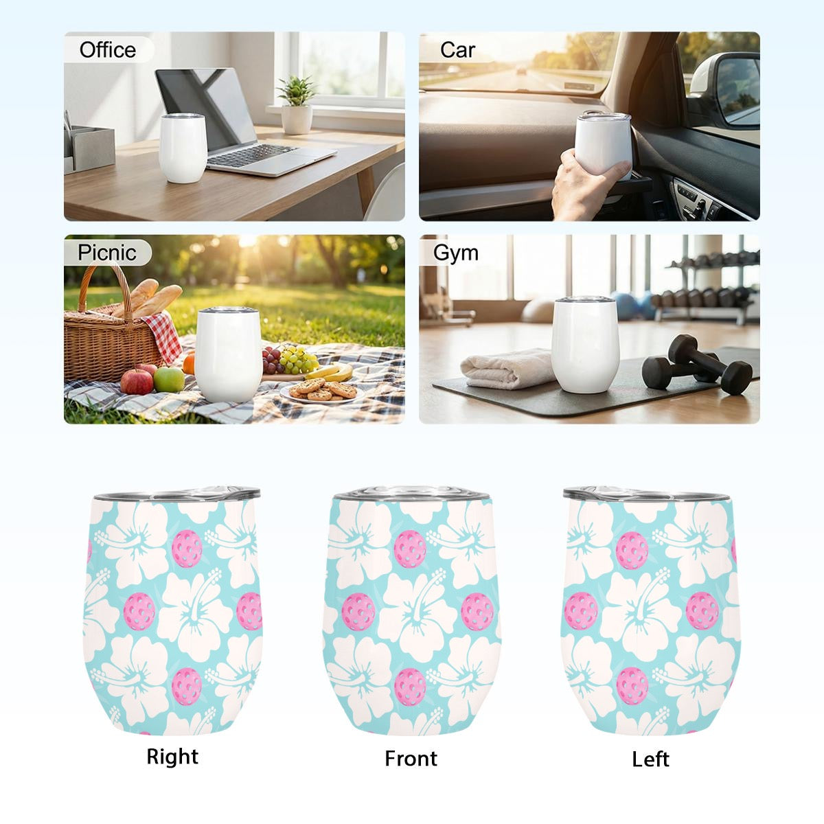 Pickleball Floral Blue and Pink Stainless Steel Stemless Insulated Tumbler Printed in USA|12OZ