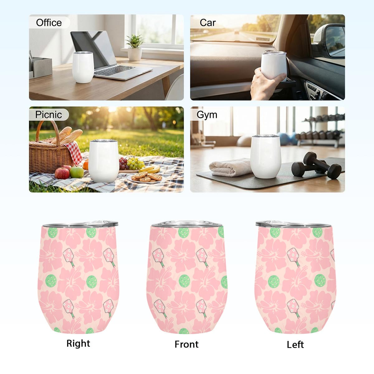 Pickleball Floral Stainless Steel Stemless Insulated Tumbler Printed in USA|12OZ
