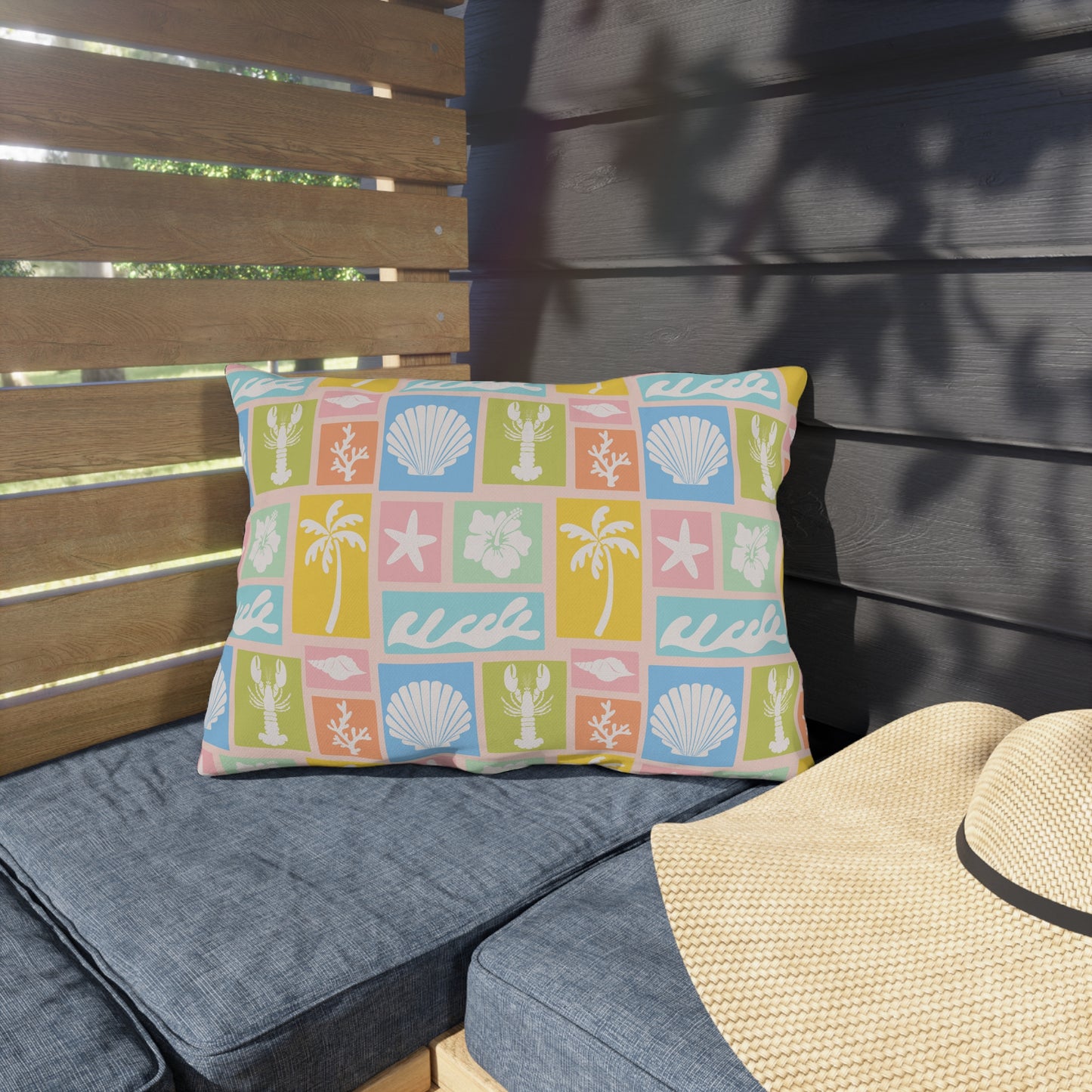 Coastal Patchwork Outdoor Pillow — Pastel Seashells, Palm & Wave Patio Cushion