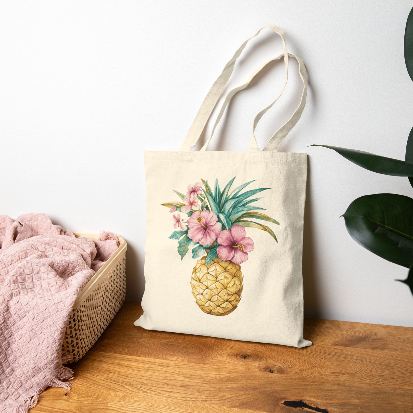 Pineapple Floral Canvas Tote Bag — Tropical Hibiscus Cotton Shopper
