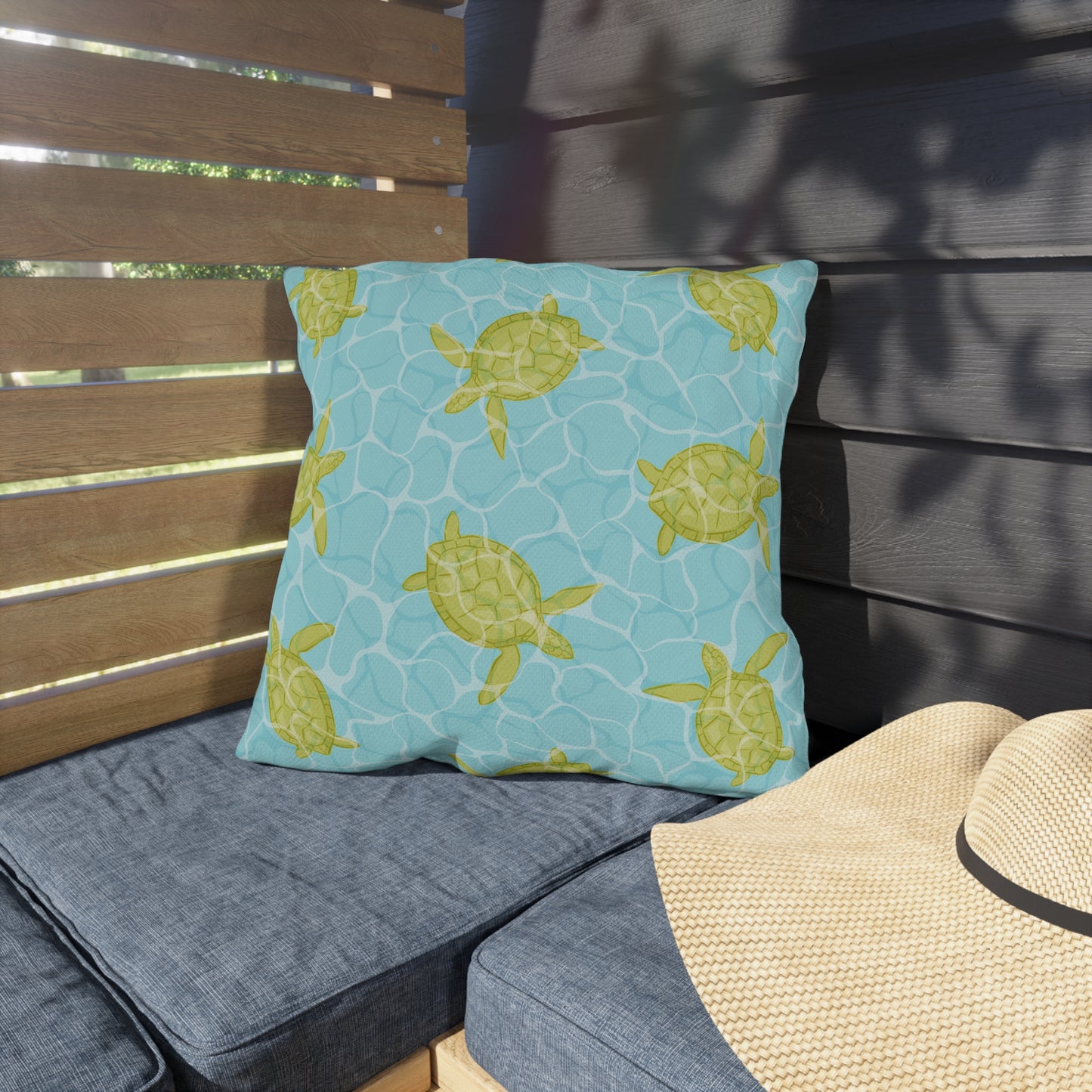 Sea Turtle Pool-Print Outdoor Pillow — Coastal Beach Patio Cushion