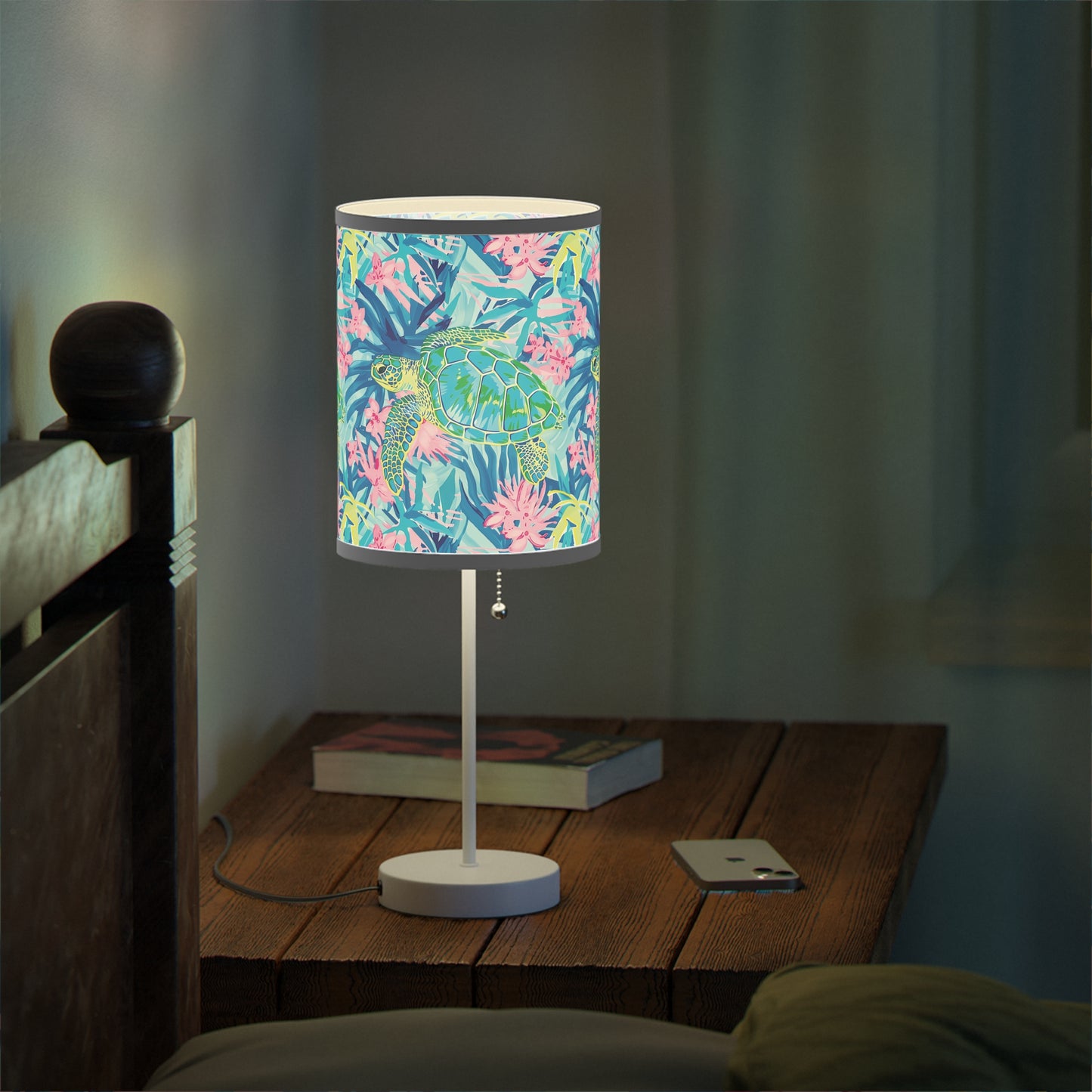 Colorful Tropical Sea Turtle Table Lamp, Coastal Home Decor, Nightstand Light, Floral Accent, Vibrant Interior Design, Gift for Her