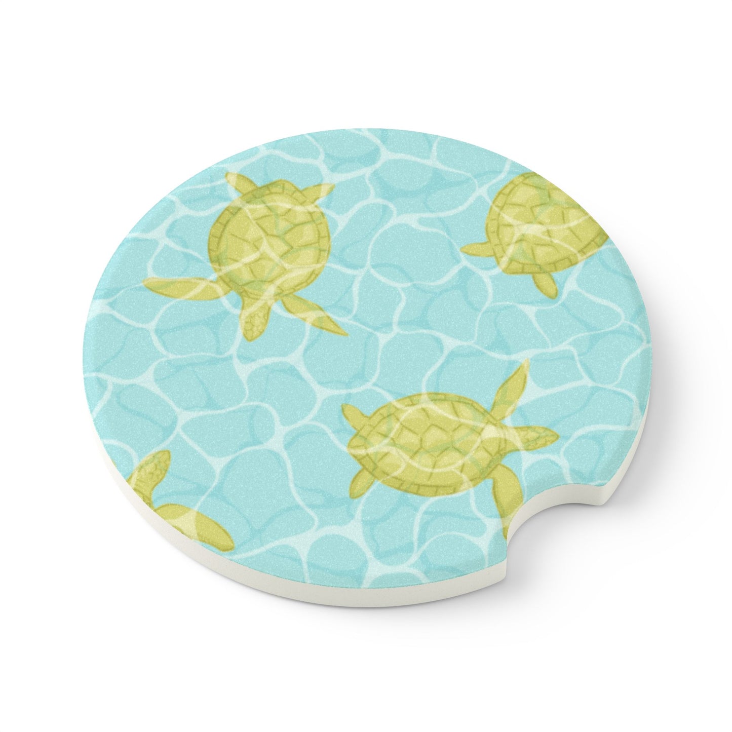 Sea Turtle Soapstone Car Coaster — Coastal Beach Water Pattern