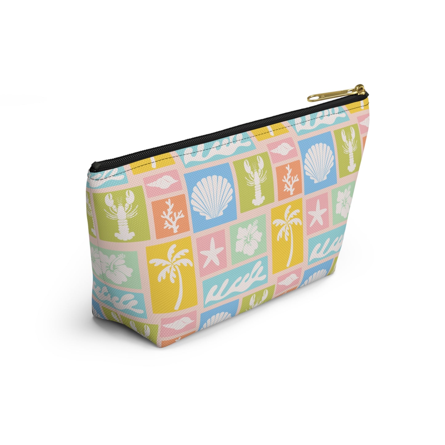 Seaside Patchwork Accessory Pouch — Pastel Beach Shell & Palm Makeup Bag