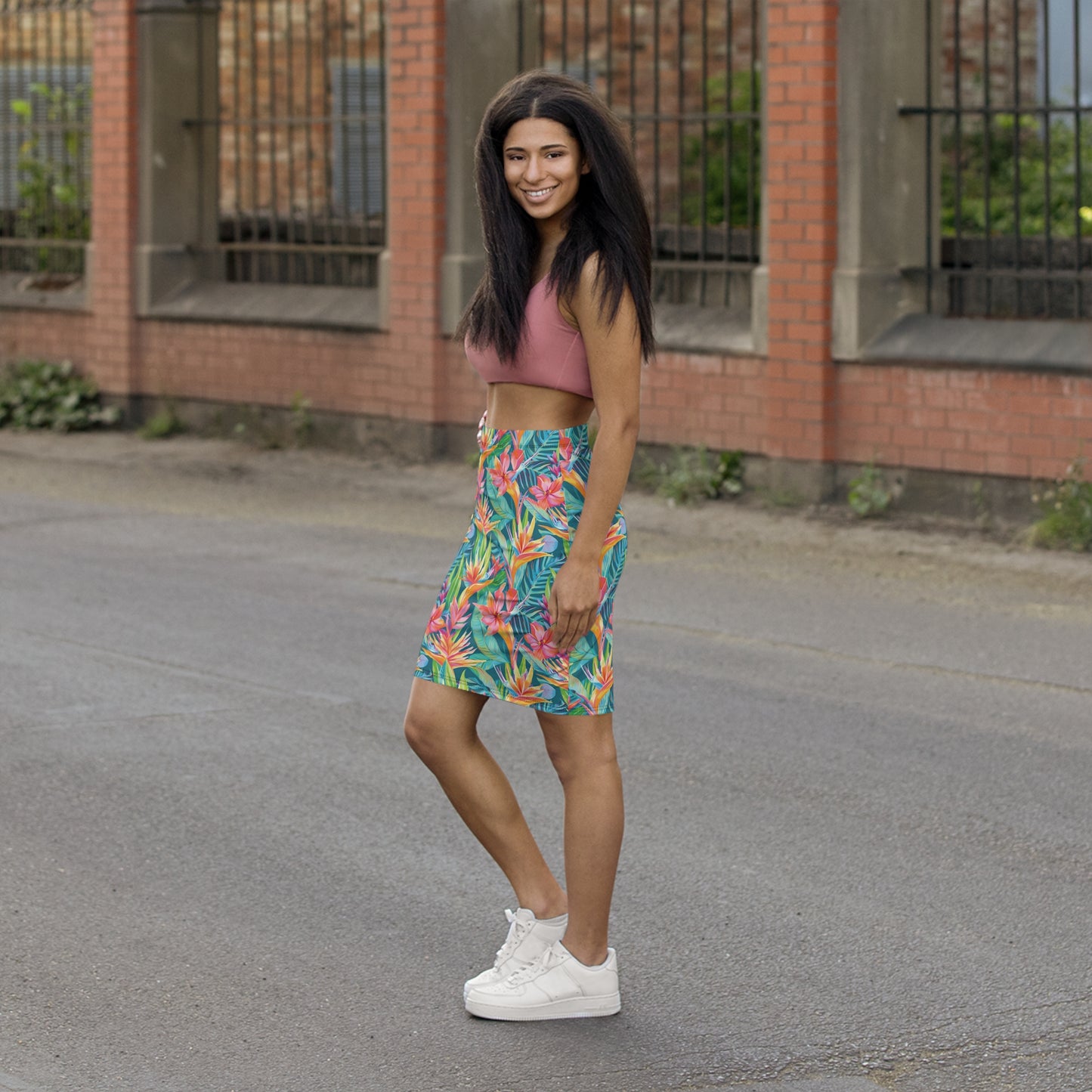 Women’s Tropical Floral Mid-Waist Pencil Skirt, Summer Outfit, Beachwear, Floral Skirt, Vacation Style, Botanical Print Skirt