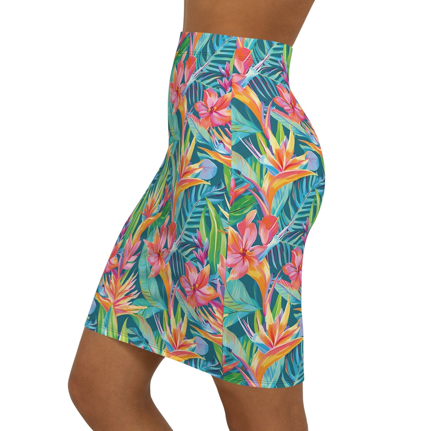 Women’s Tropical Floral Mid-Waist Pencil Skirt, Summer Outfit, Beachwear, Floral Skirt, Vacation Style, Botanical Print Skirt