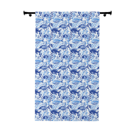 Blue Fish Pattern Curtain Panel — Nautical Botanical Window Curtain