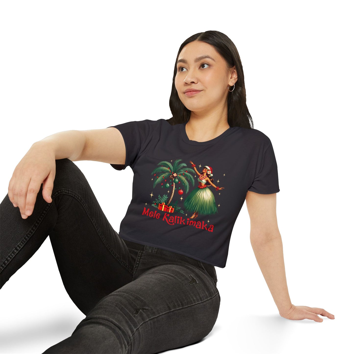 Aloha Christmas Retro Hawaiian Style Mele Kalikimaka Hula Girl Crop Top T-Shirt