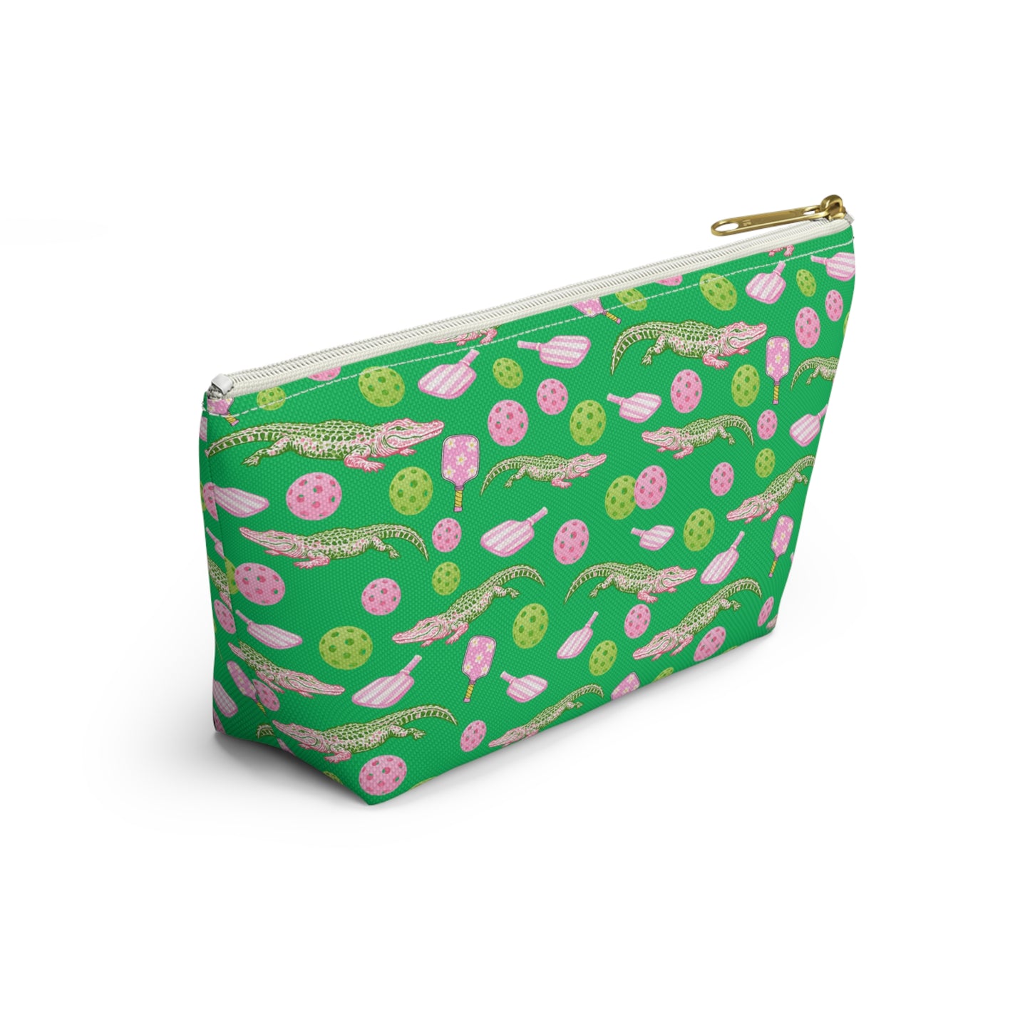 Alligator & Pickleball Paddle Pattern Accessory Pouch — Green T‑Bottom Cosmetic Bag