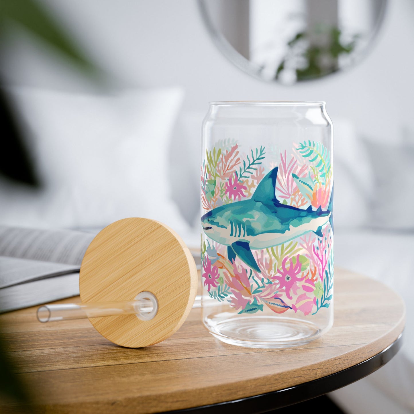 Eco-Friendly Summer Drinkware, Tropical Sipper Glass, 16oz | Shark Design, Party Accessory, Gift for Sea Life Ocean Lovers