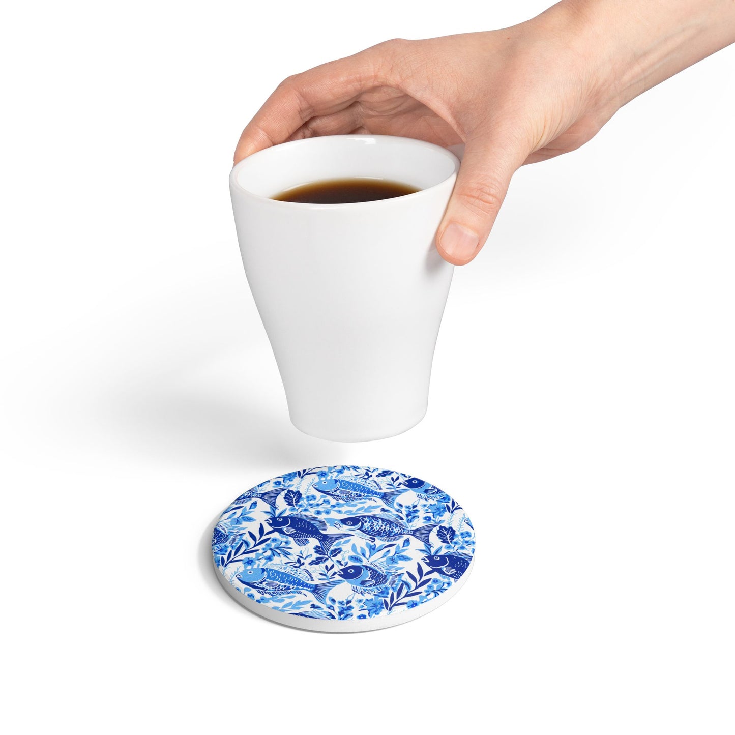 Blue Fish Toile Ceramic Coaster — Coastal Blue Seafood Pattern Drink Coaster