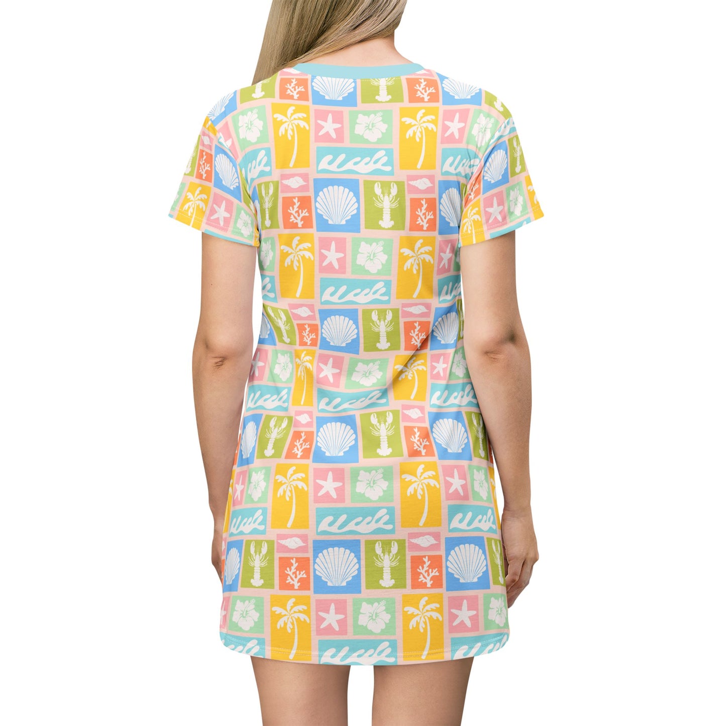 Beach Tile T-Shirt Dress — Seashell, Palm & Starfish Colorful Print