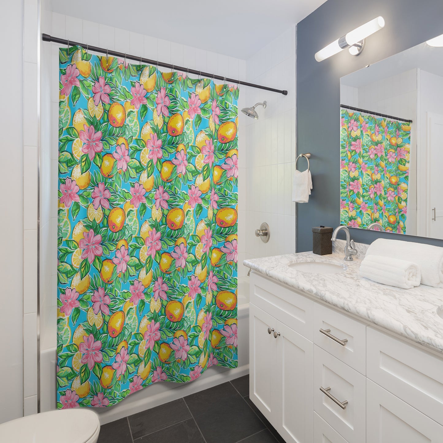 Vibrant Floral Shower Curtain, Lemon Blossom Decor, Bright Bathroom Accessory, Summer Vibe Home Decor, Tropical Oasis Shower Curtain