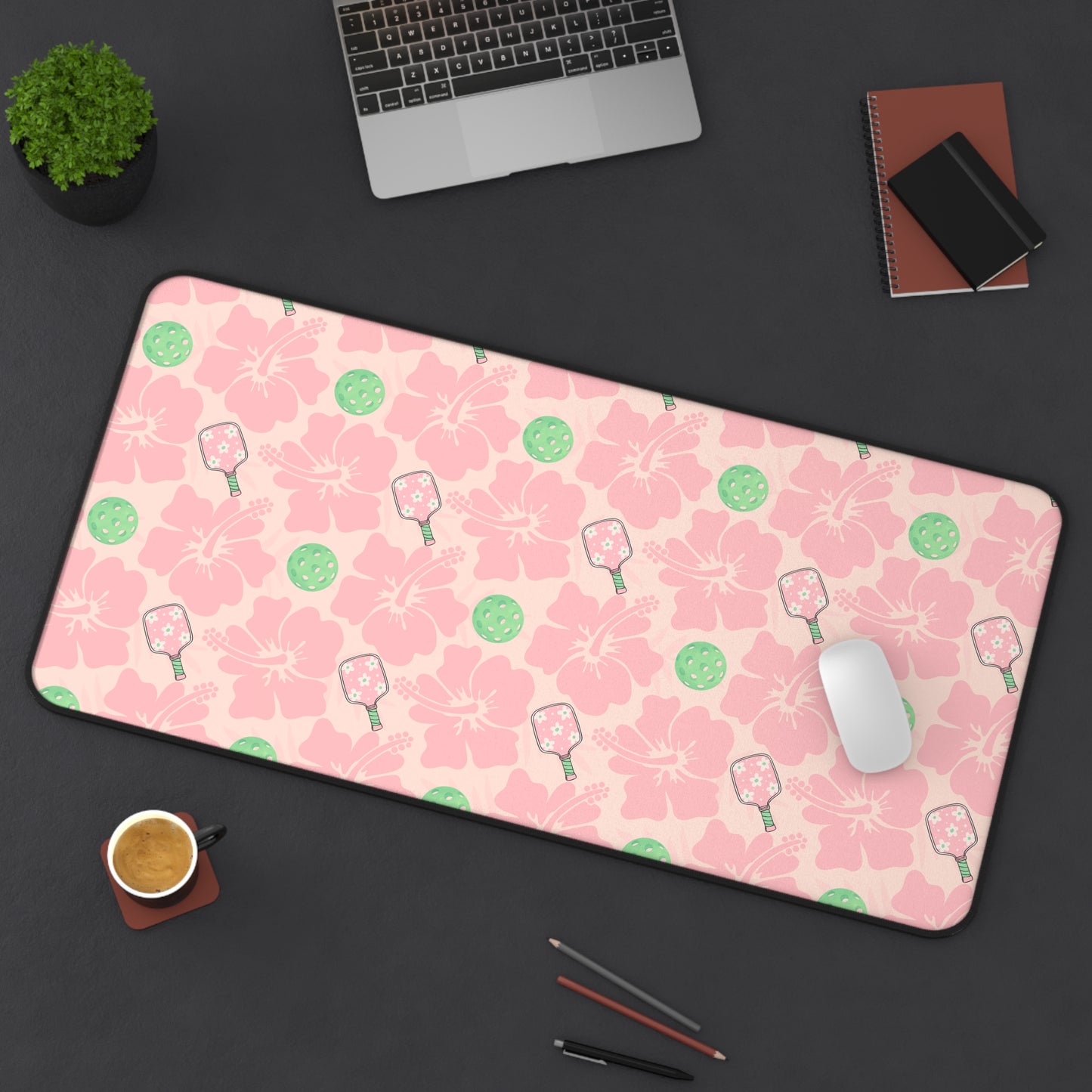 Pink and Green Pickleball Floral Desk Mat — Cute Hibiscus & Pickleball Pattern Mouse Pad