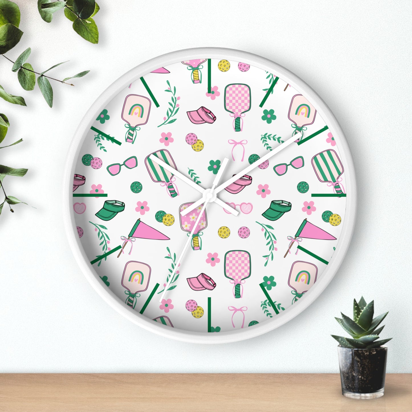 Preppy Pickleball Pattern Wall Clock – Cute Pink & Green Paddle Design