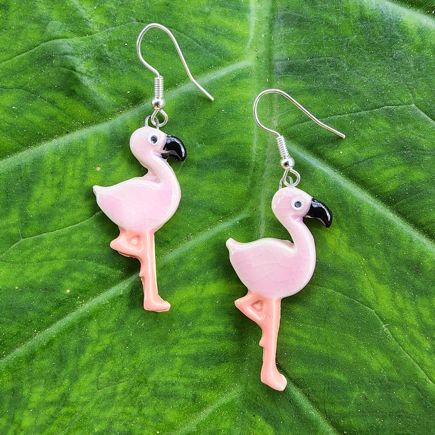 Hand Made Pink Flamingo Ceramic Dangle Earrings
