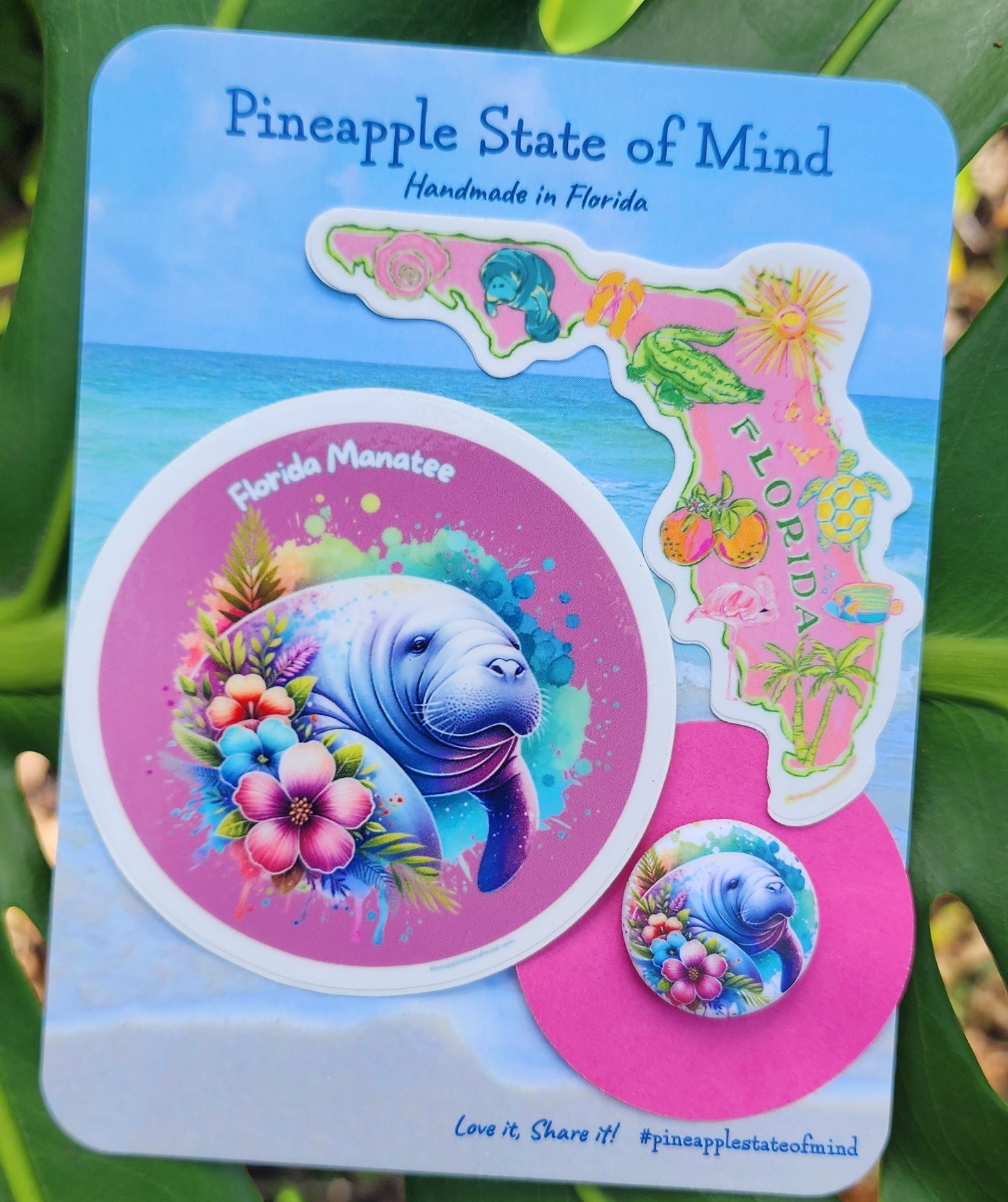 Florida Map Themed Manatee Stickers & Pin Gift Set