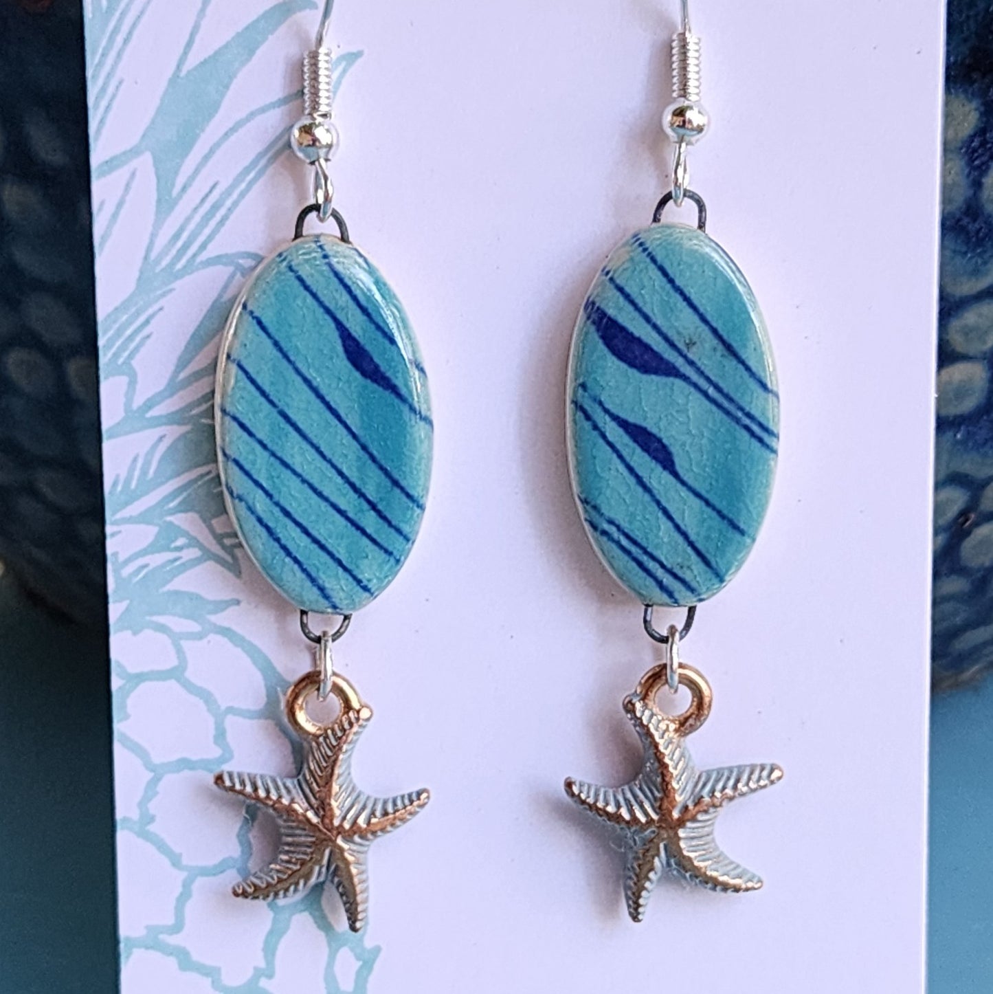 Blue Abstract Starfish Ceramic Dangle Earrings