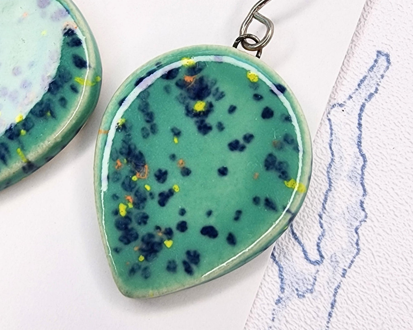 Abstract Speckled Teal Drop Ceramic Earrings