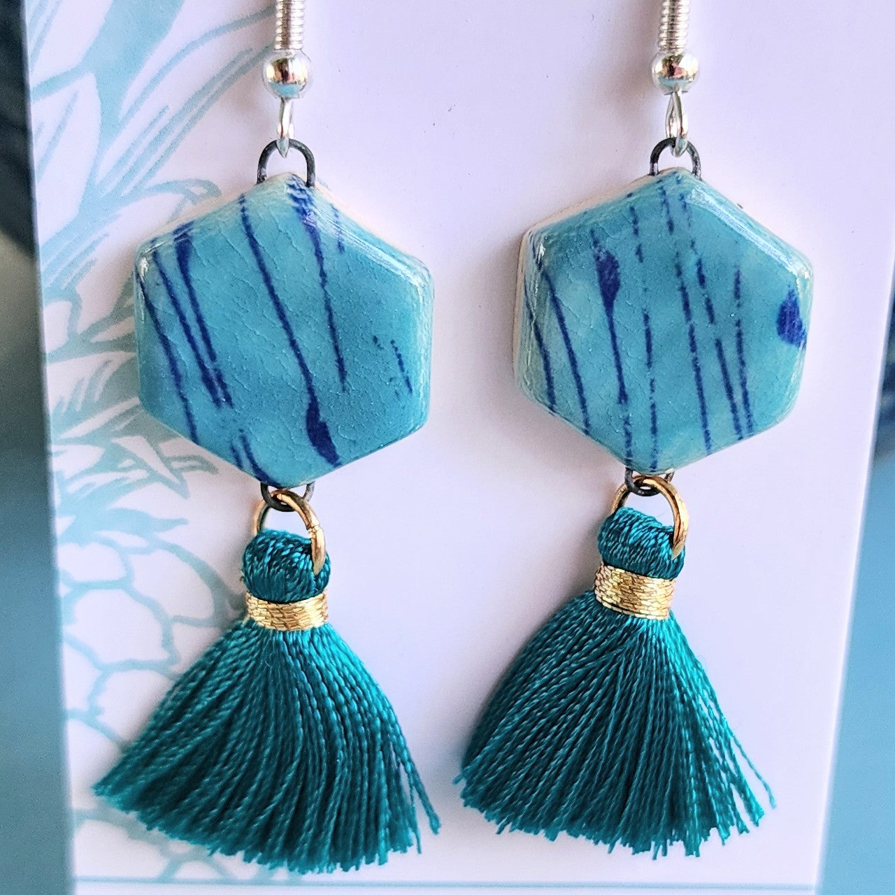Teal Ceramic Tassel Dangle Earrings