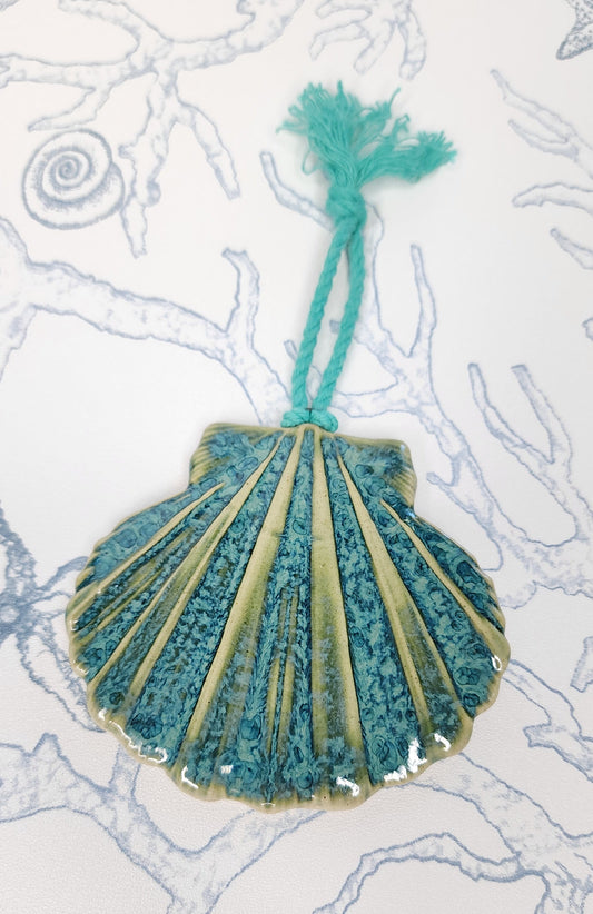 Blue Ceramic Seashell Christmas Holiday Ornament