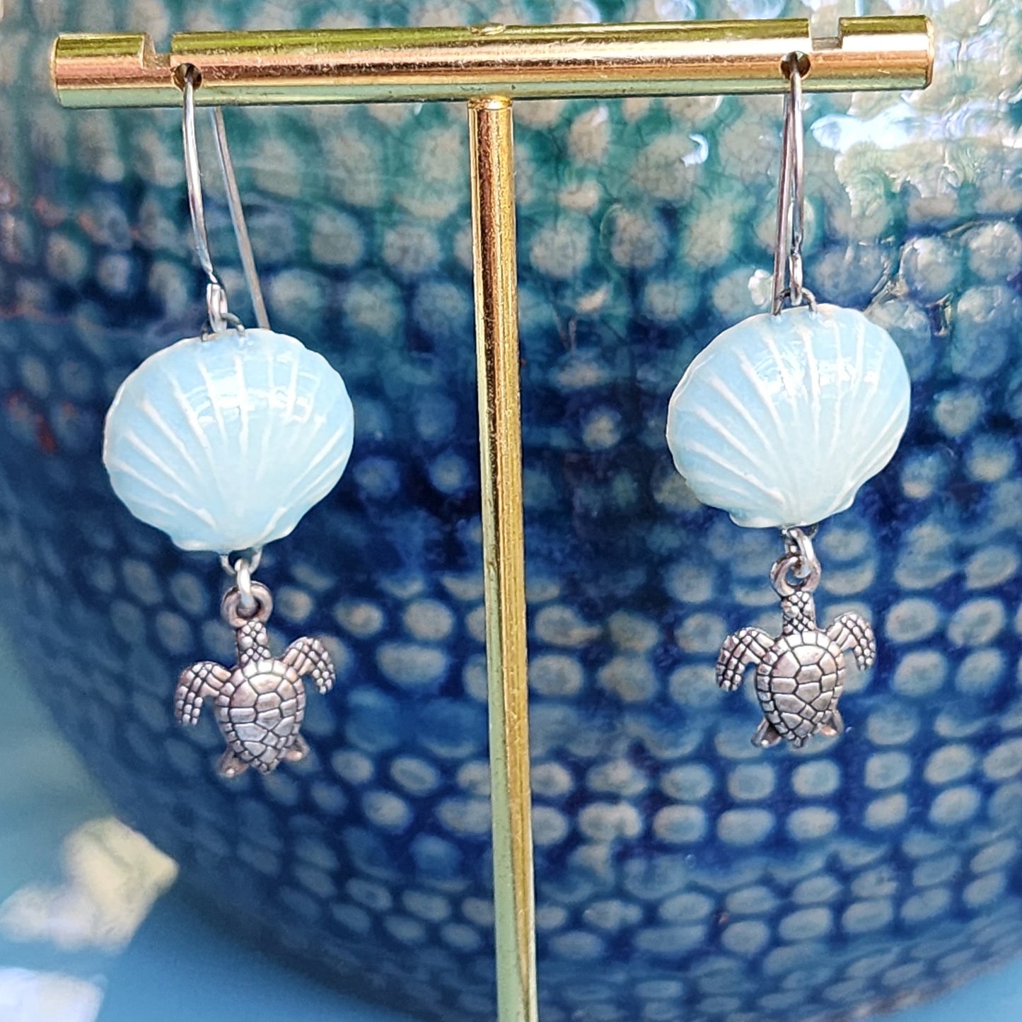 Aqua Blue Ceramic Seashell and Turtle Dangle Earrings