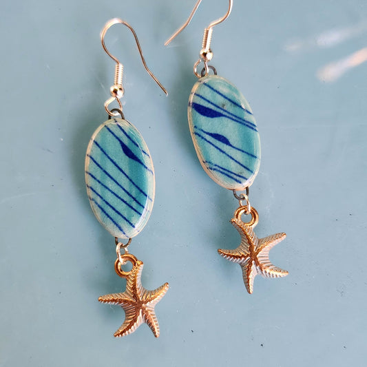 Blue Abstract Starfish Ceramic Dangle Earrings