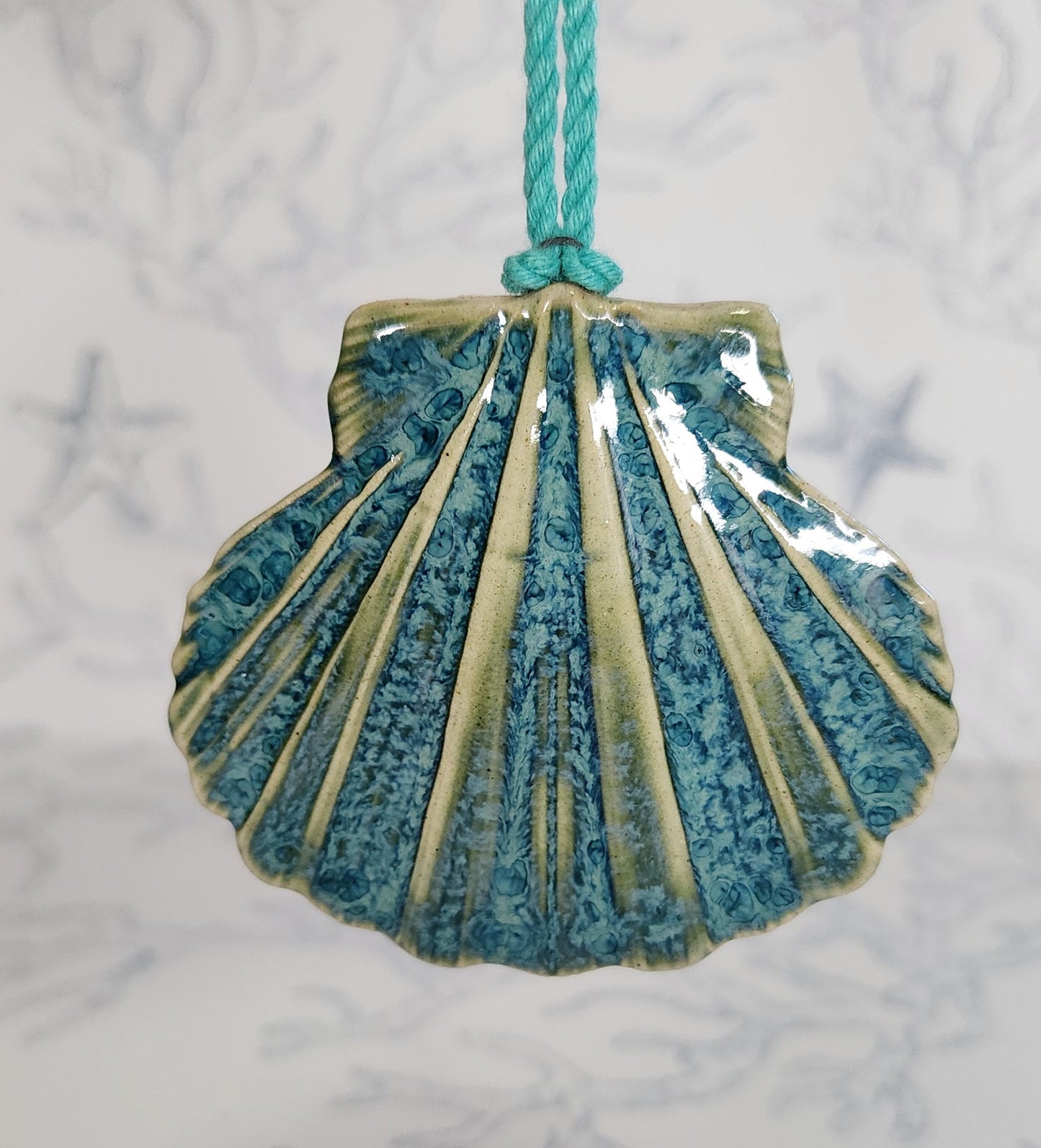 Blue Ceramic Seashell Christmas Holiday Ornament