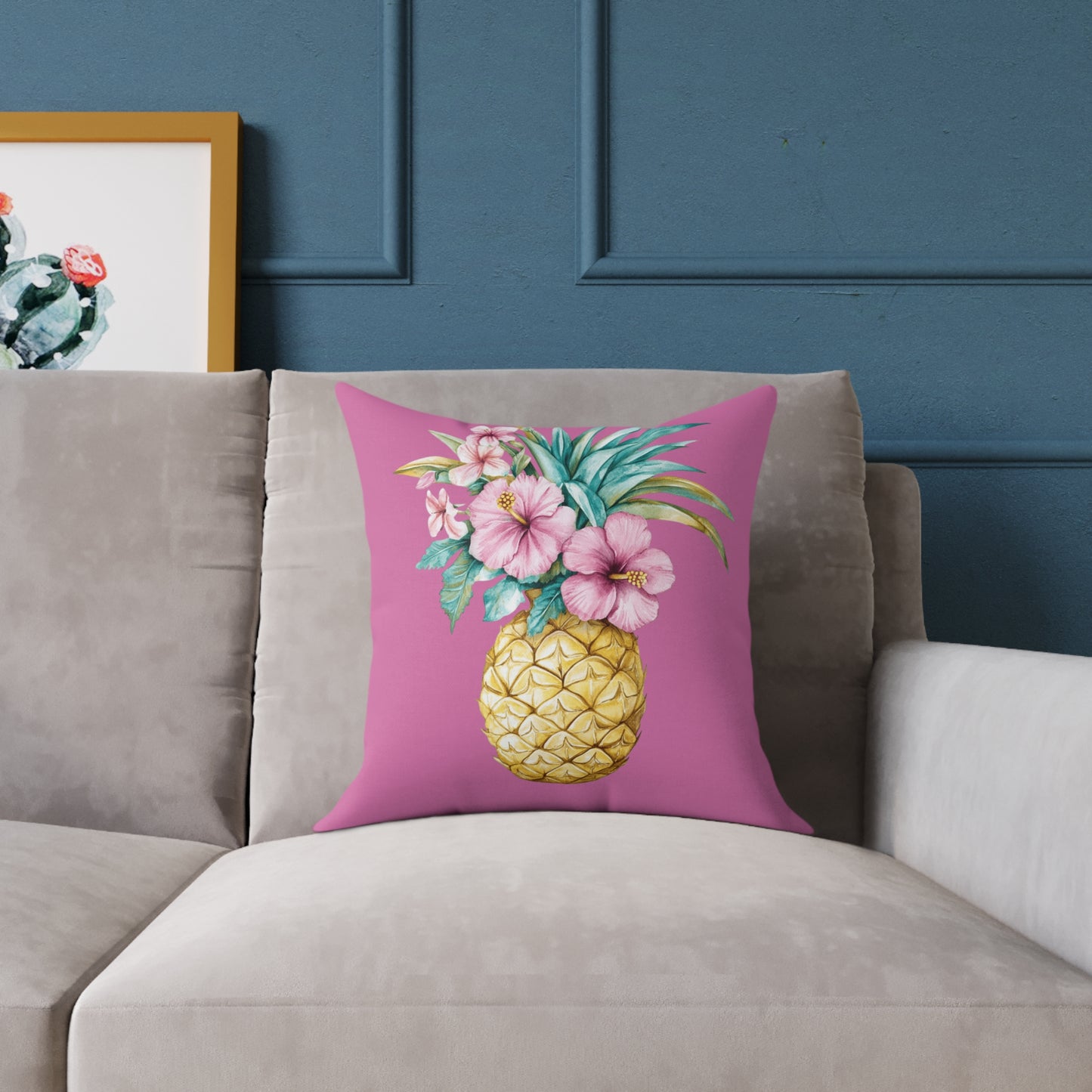 Pineapple Hibiscus Square Pillow — Tropical Floral Decorative Throw Pillow